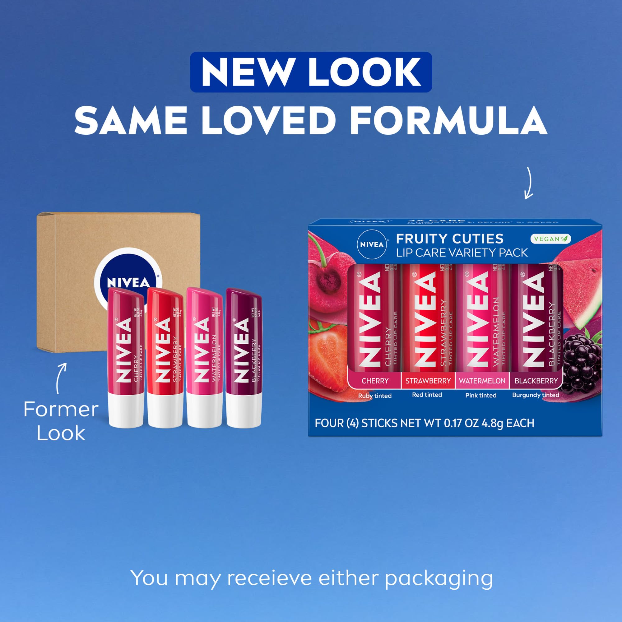 Nivea Lip Care, Fruit Lip Balm Variety Pack, Tinted Lip Balm, 0.17 Oz, Pack Of 4