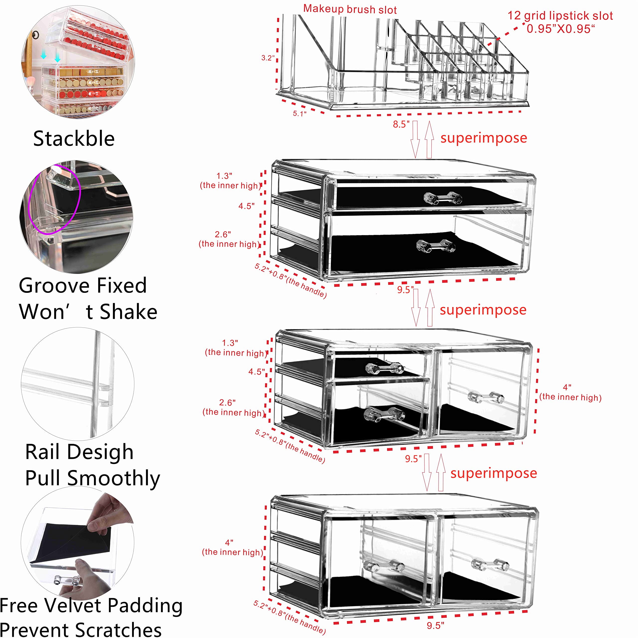 Cq Acrylic Makeup Organizer Skin Care Large Clear Cosmetic Display Cases Stackable Storage Box With 7 Drawers For Vanity Beauty