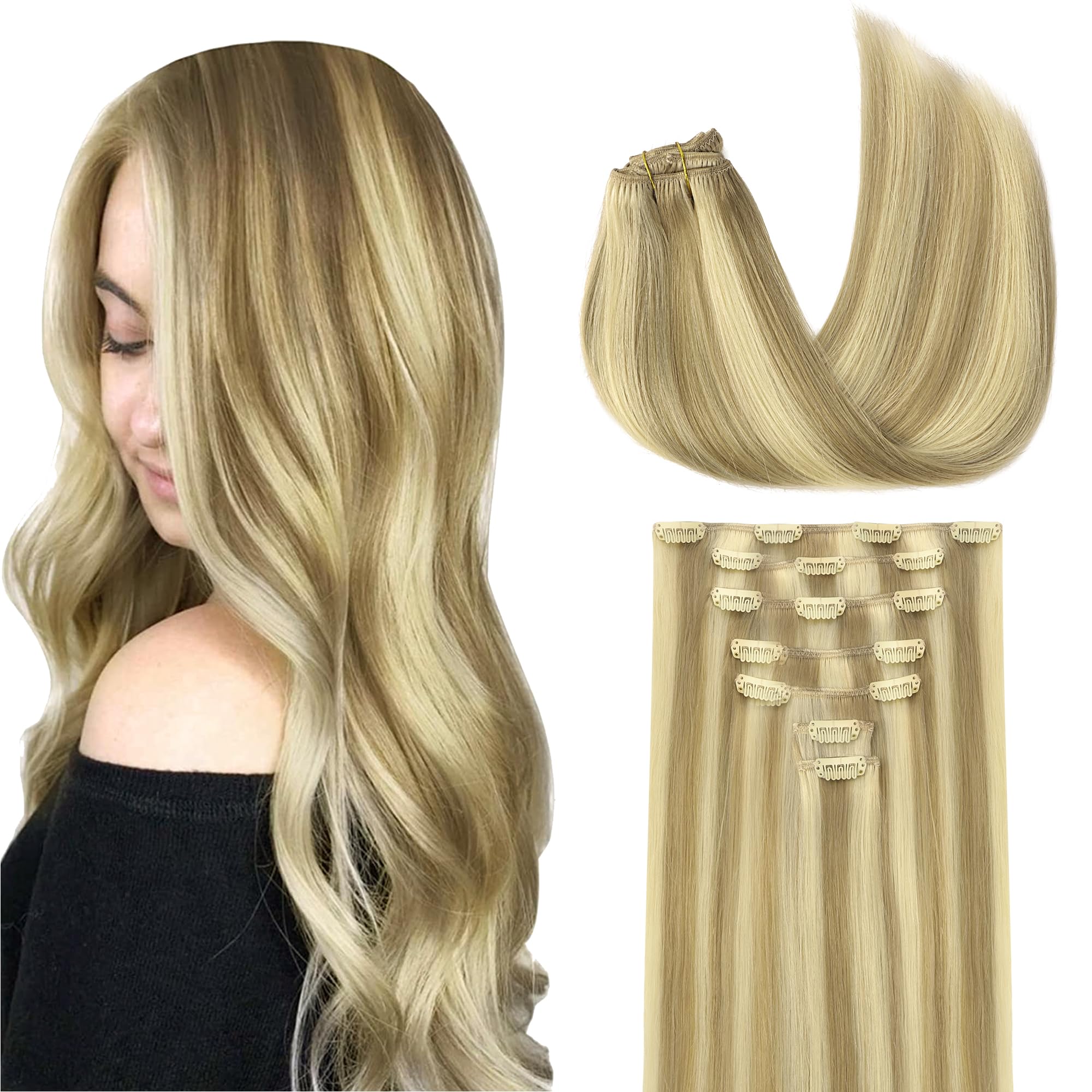 GOO GOO Clip in Hair Extensions Real Human Hair, 12inch 85g 7Pcs, 16/22 Light Blonde Highlighted Golden Blonde, Remy Human Hair 