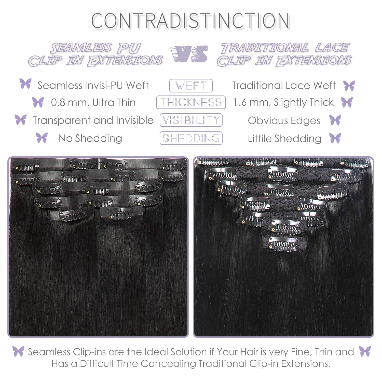 Lacer Hair Glam Seamless Clip in Hair Extensions Natural Off Black Human Hair Extensions 110g 7pcs 20 Inch Clip in Human Hair wi