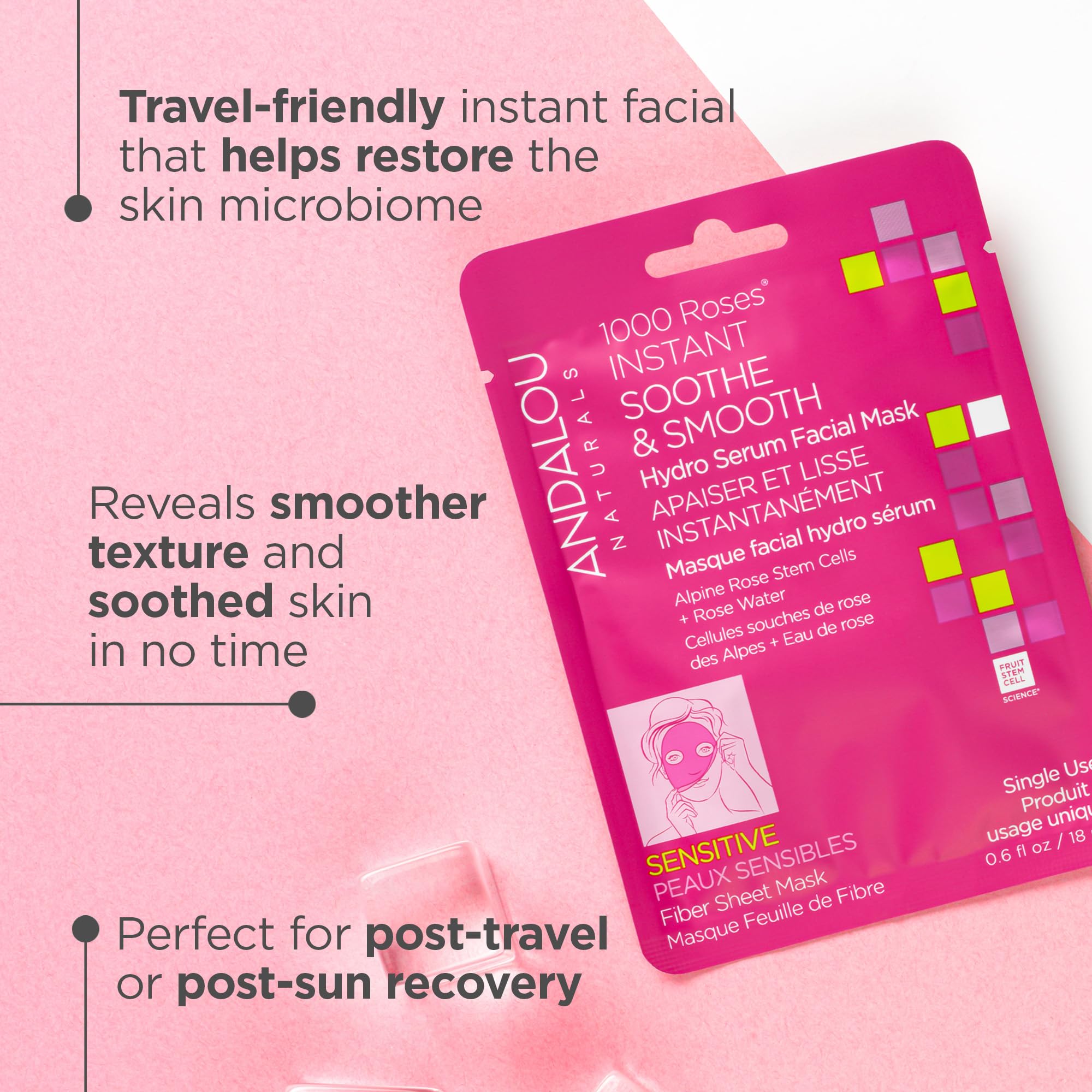 Andalou Naturals, 1000 Roses, Instant Soothe & Smooth Sheet Mask, Single Face Mask, 0.6 Oz, (Pack Of 6)
