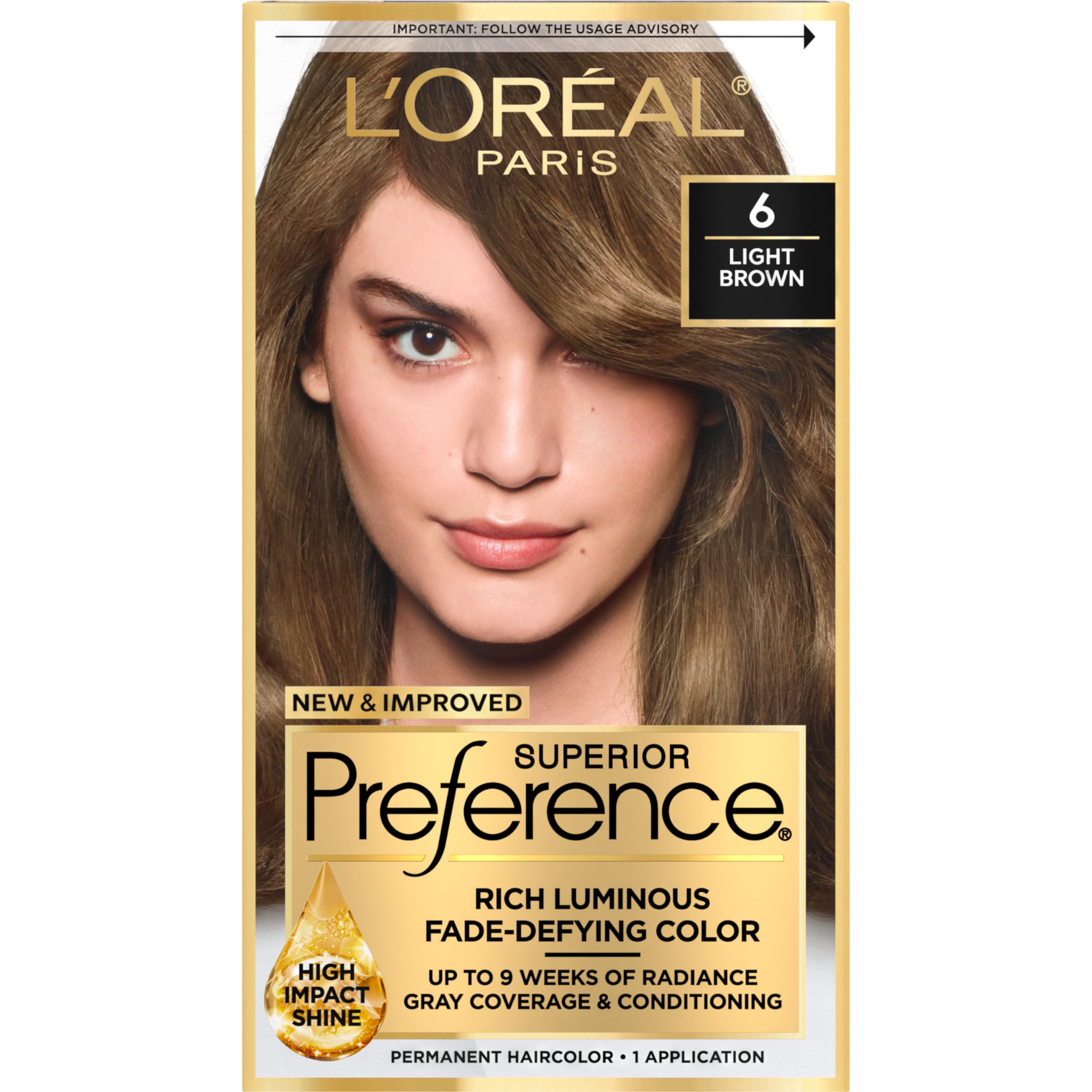 LOreal Paris Superior Preference Fade-Defying + Shine Permanent Hair Color, 6 Light Brown, Pack of 1, Hair Dye