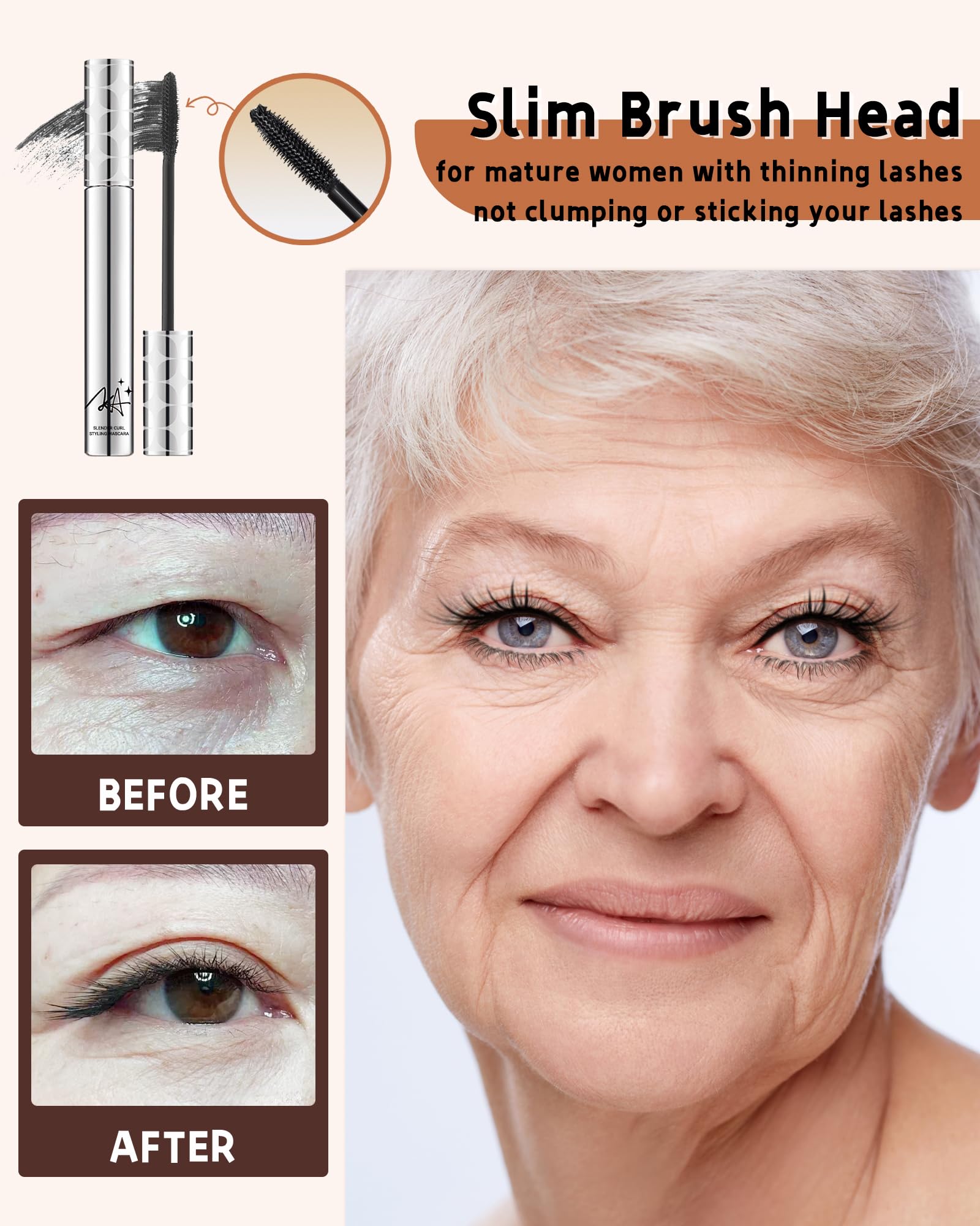 Mascara For Older Women 60 Plus -2Pcs Brown Mascara Volume And Length For Mature Women With Thinning Lashes, Prime Mascara Water