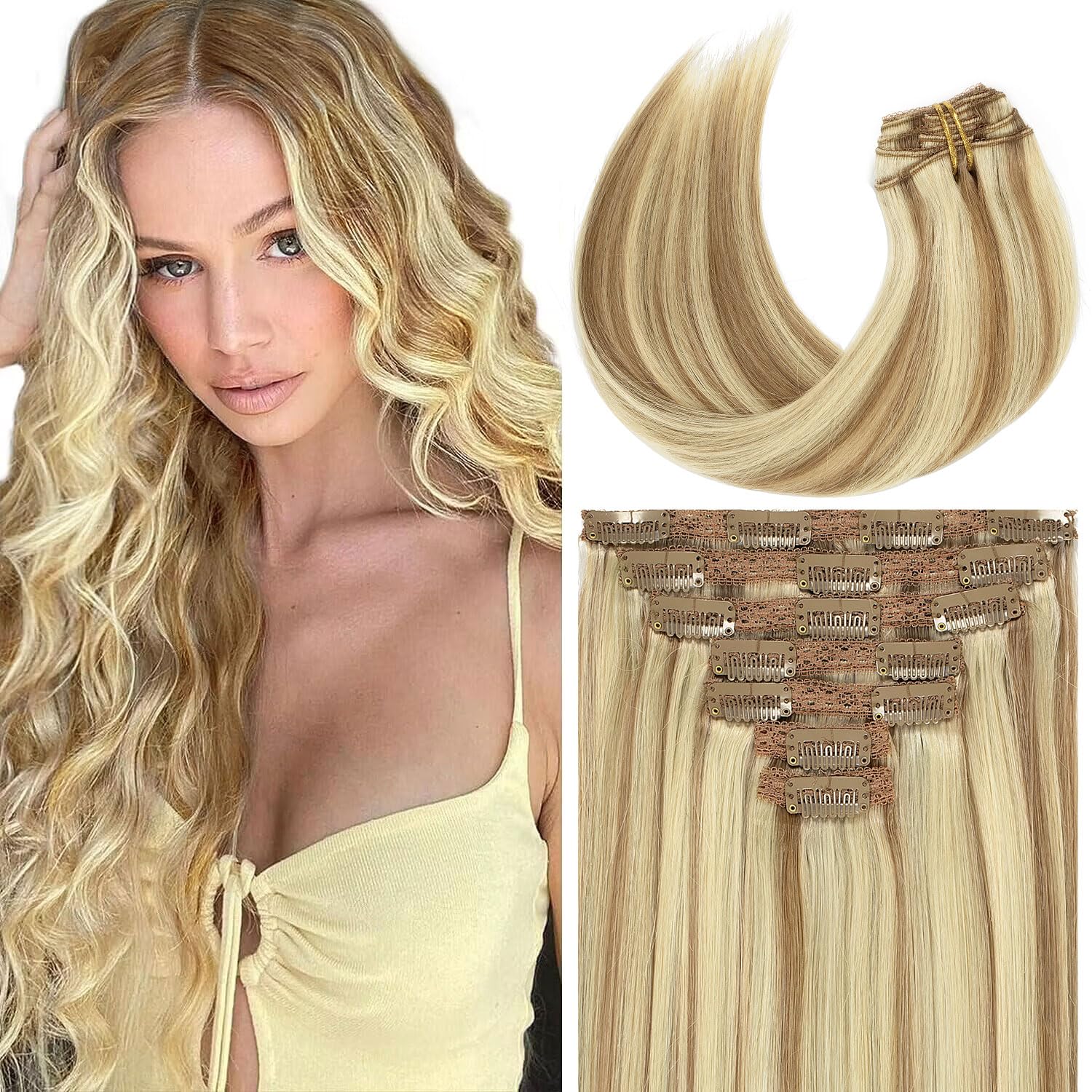 Loxxy 20 Inch Seamless Clip in Hair Extensions Light Brown Highlighted Platinum Blonde Straight Lace Double Weft 100% Remy Hair 