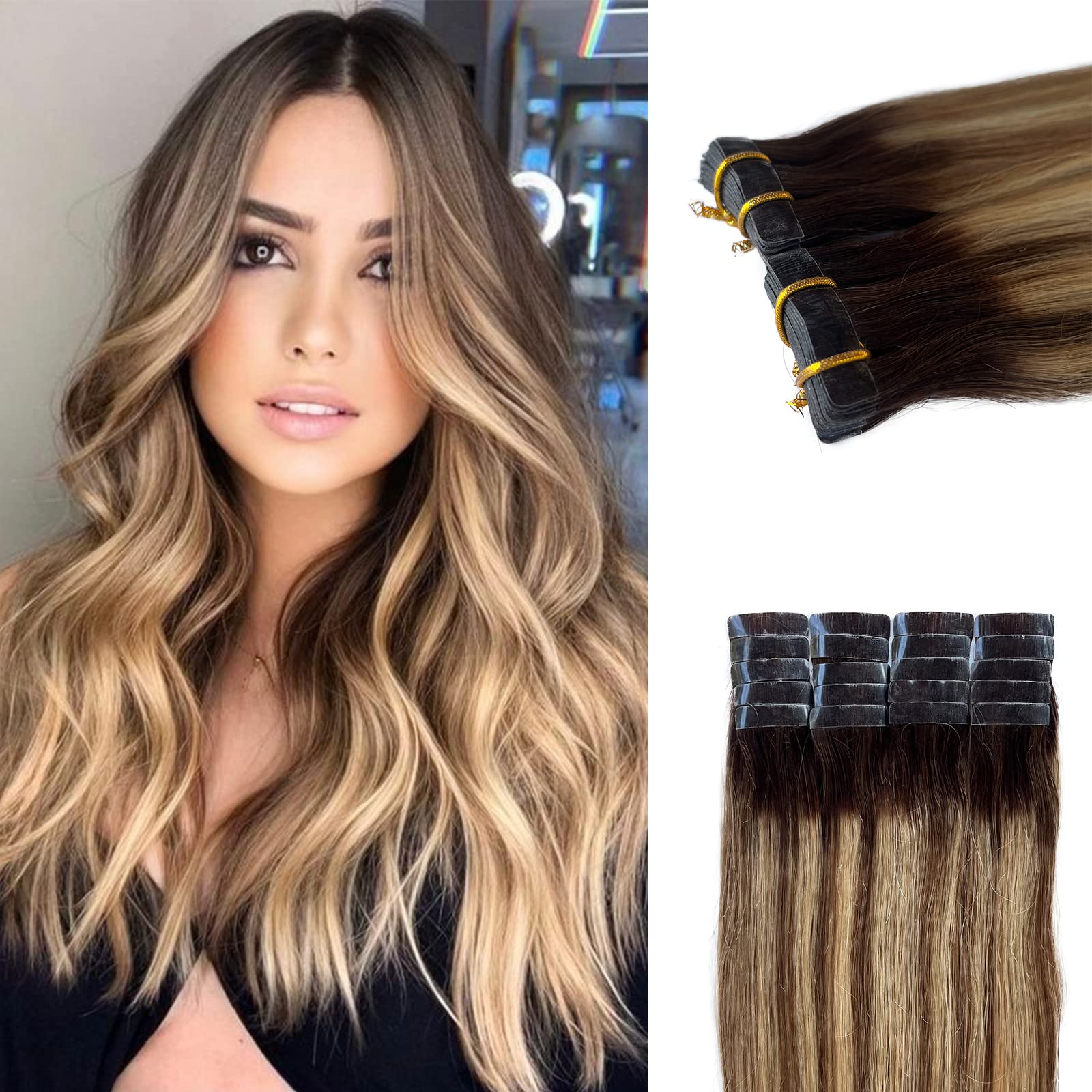 18Inch Balayage Highlight Brown With Blonde Tape In Hair Extension For Women 20Pcs 40G Skin Weft Tape Real Hair Extensions