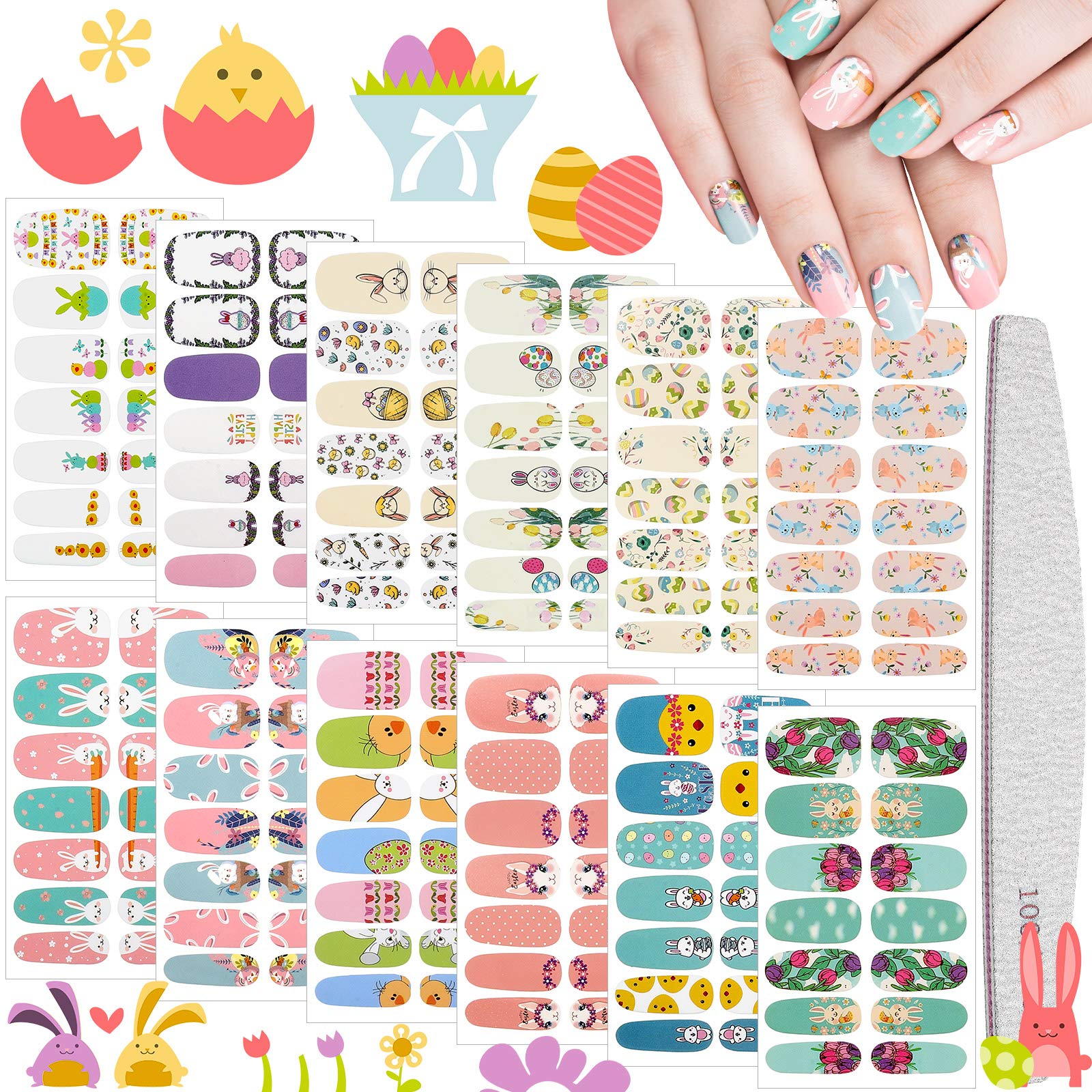168 Pieces 12 Sheets Easter Nail Wraps Full Art Polish Stickers Spring Easter Self Adhesive Art Decals Strips Eggs Rabbits Chick