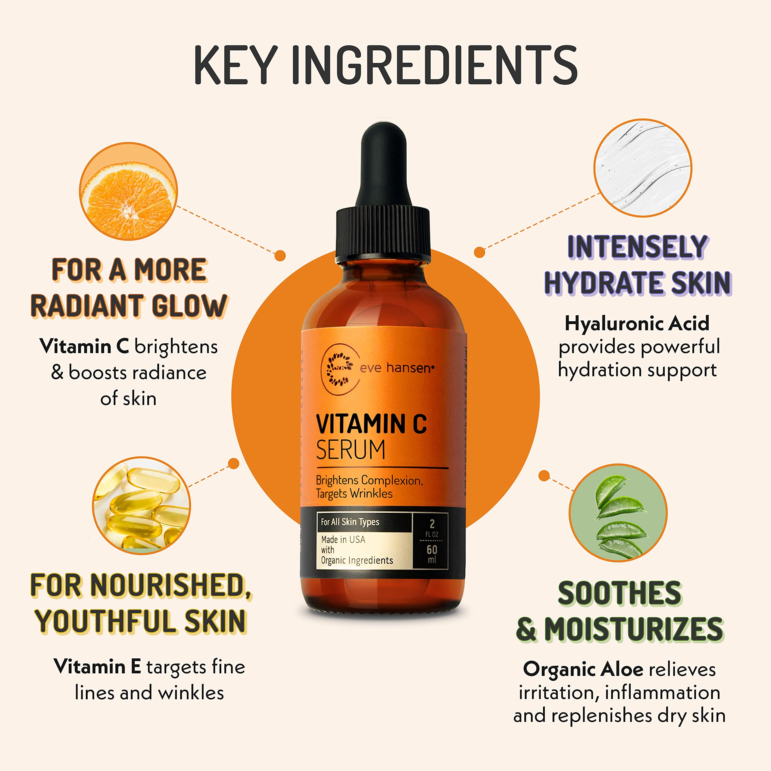 Eve Hansen Vitamin C Facial Serum - 76% Organic Antioxidant Serum For Face With Hyaluronic Acid, Vitamin E, And Aloe Vera - Hydr