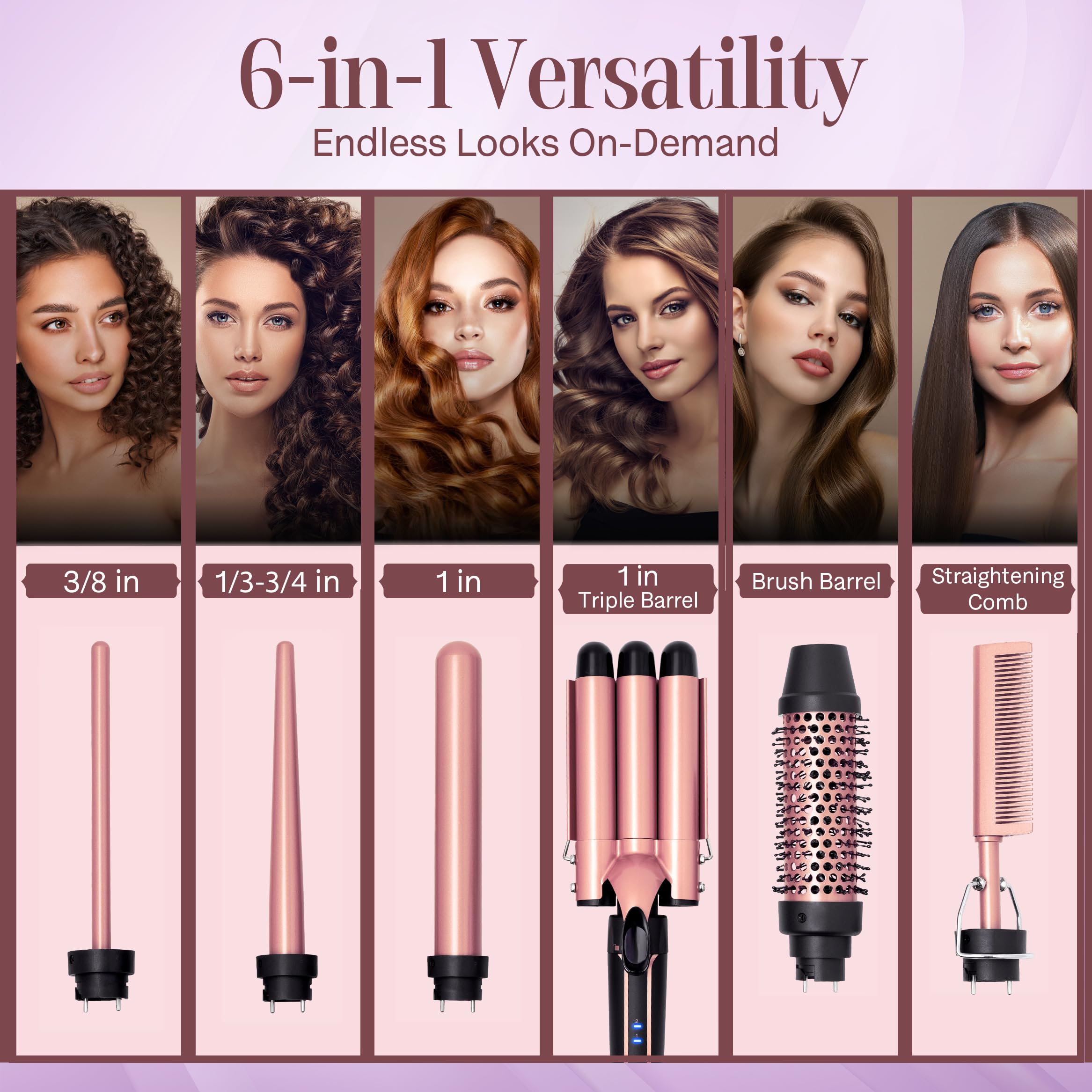 Asani 6-in-1 Curling Iron Wand Set - Fast Heating Beachwaver Hair Curler, Rose Gold, Ceramic, Dual Voltage, Travel-Friendly Styling Tools