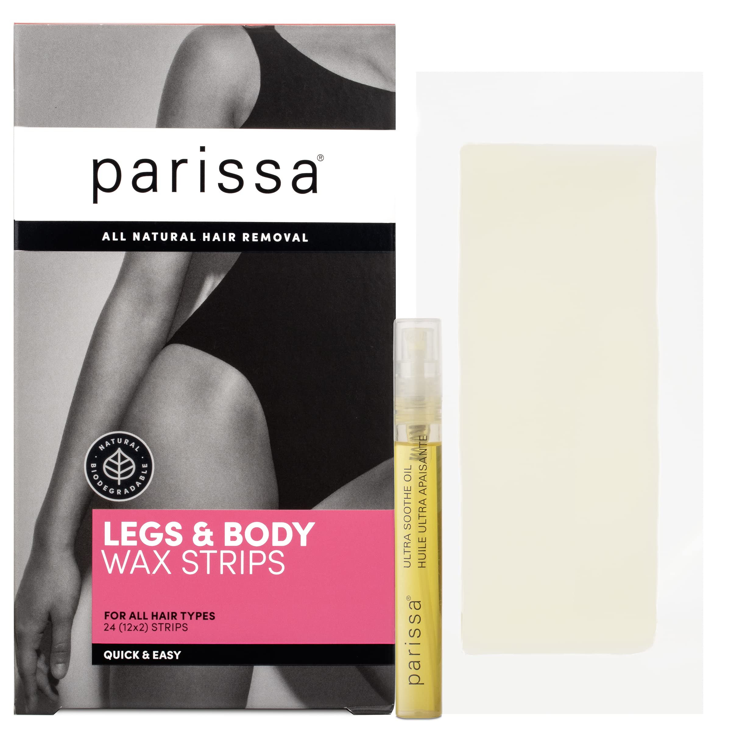 Parissa Legs & Body 24 Biodegradable Wax Strips Kit for At-Home Hair Removal with Ready-to-Use Large Wax Strips for All Hair Typ