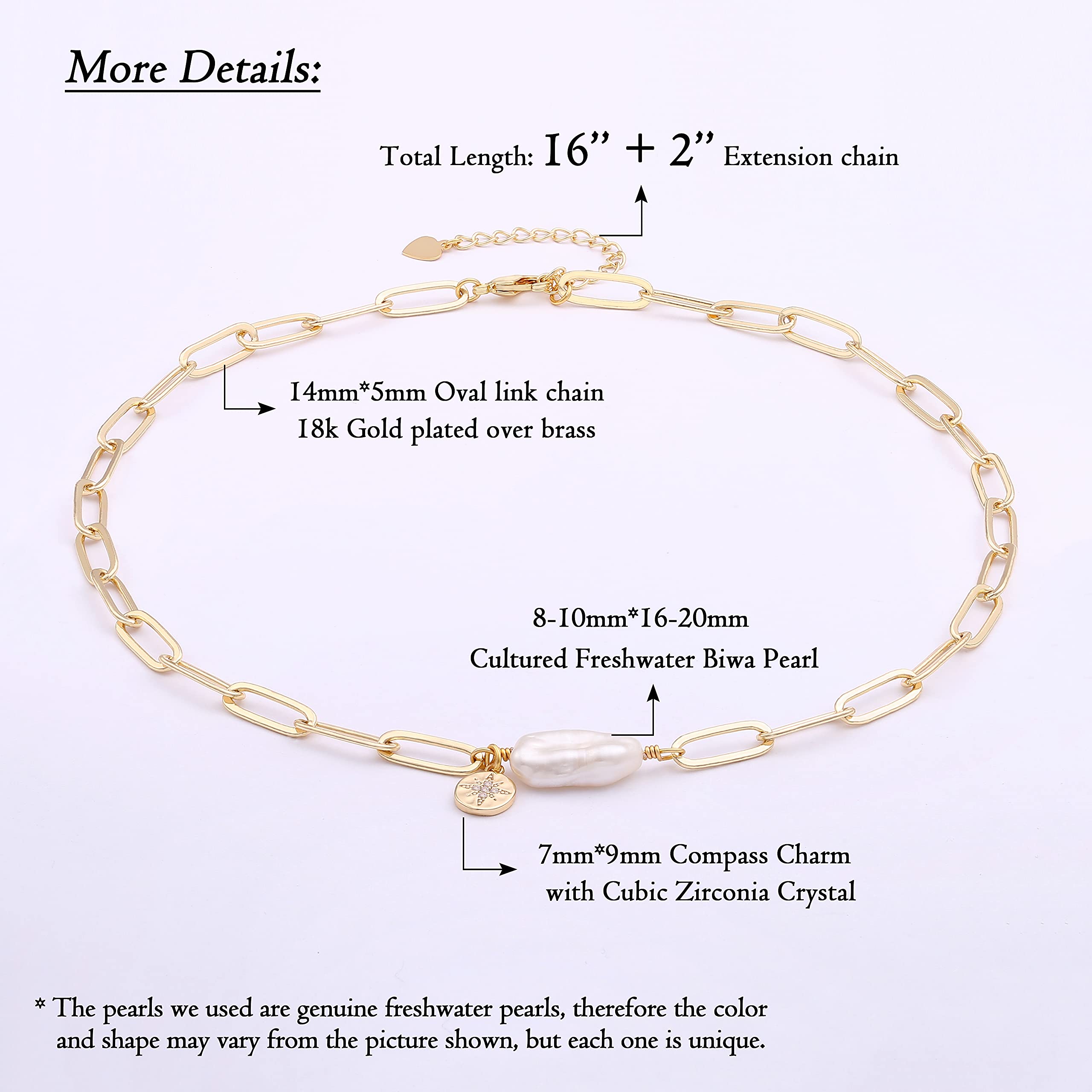 Aobei Pearl Chunky 18k Gold Chain Choker Necklace Freshwater Biwa Pearl Pendant CZ Starburst Charm Statement Jewelry for Women 1