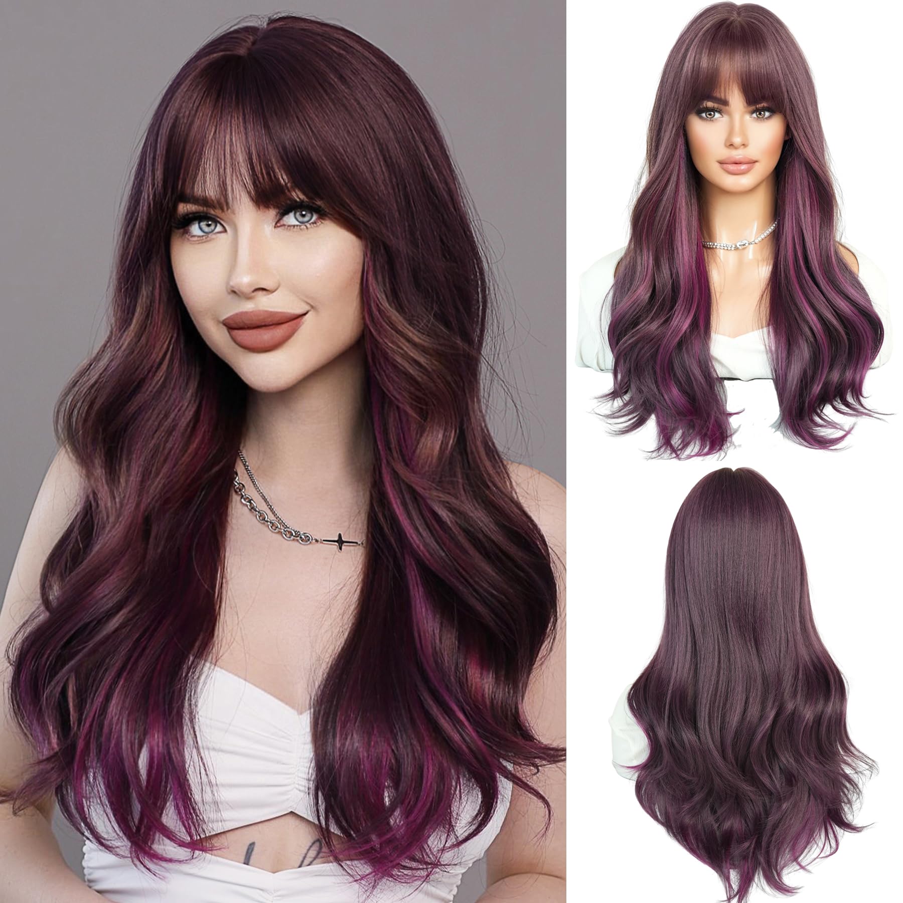 7JHH WIGS Highlight Layered Dark Purple Wig with Bang Long Straight Synthetic Women Natural Balayaga Light Purple Wig Daily Used
