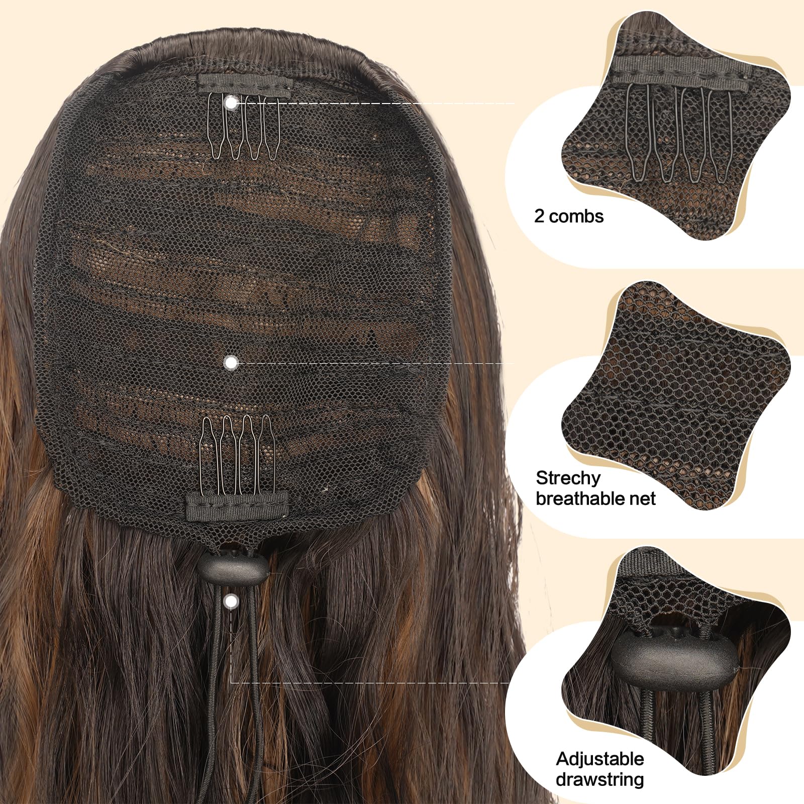 FESHFEN Ponytail Extensions, Drawstring Ponytails Hair Extension Black & Caramel Brown Long Curly Wavy Hair Piece Synthetic Pony