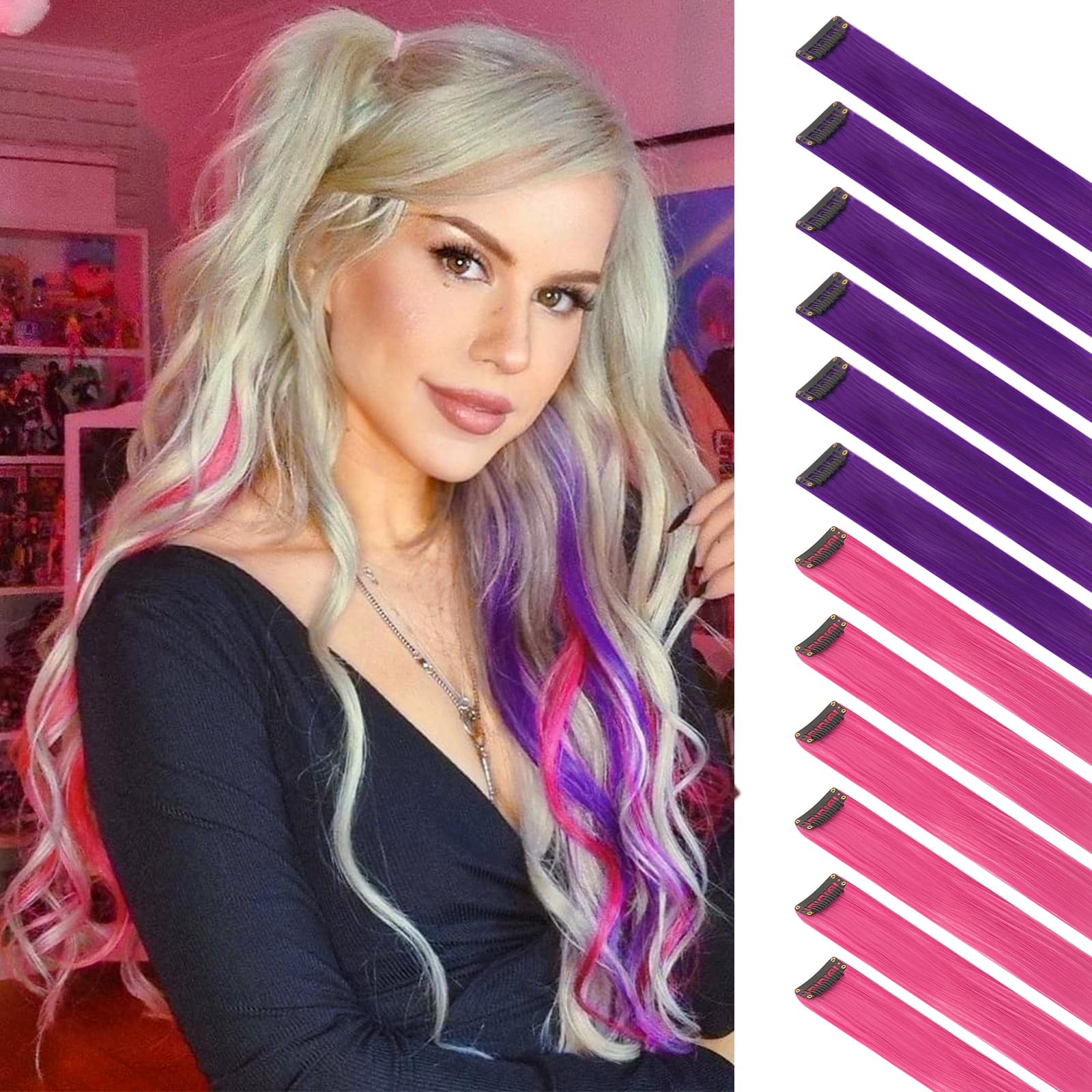FESHFEN Colorful Hair Extension, 12 PCS Lilac Purple and Rose Pink Clip in hair extensions Highlight Colored Hair Piece Straight
