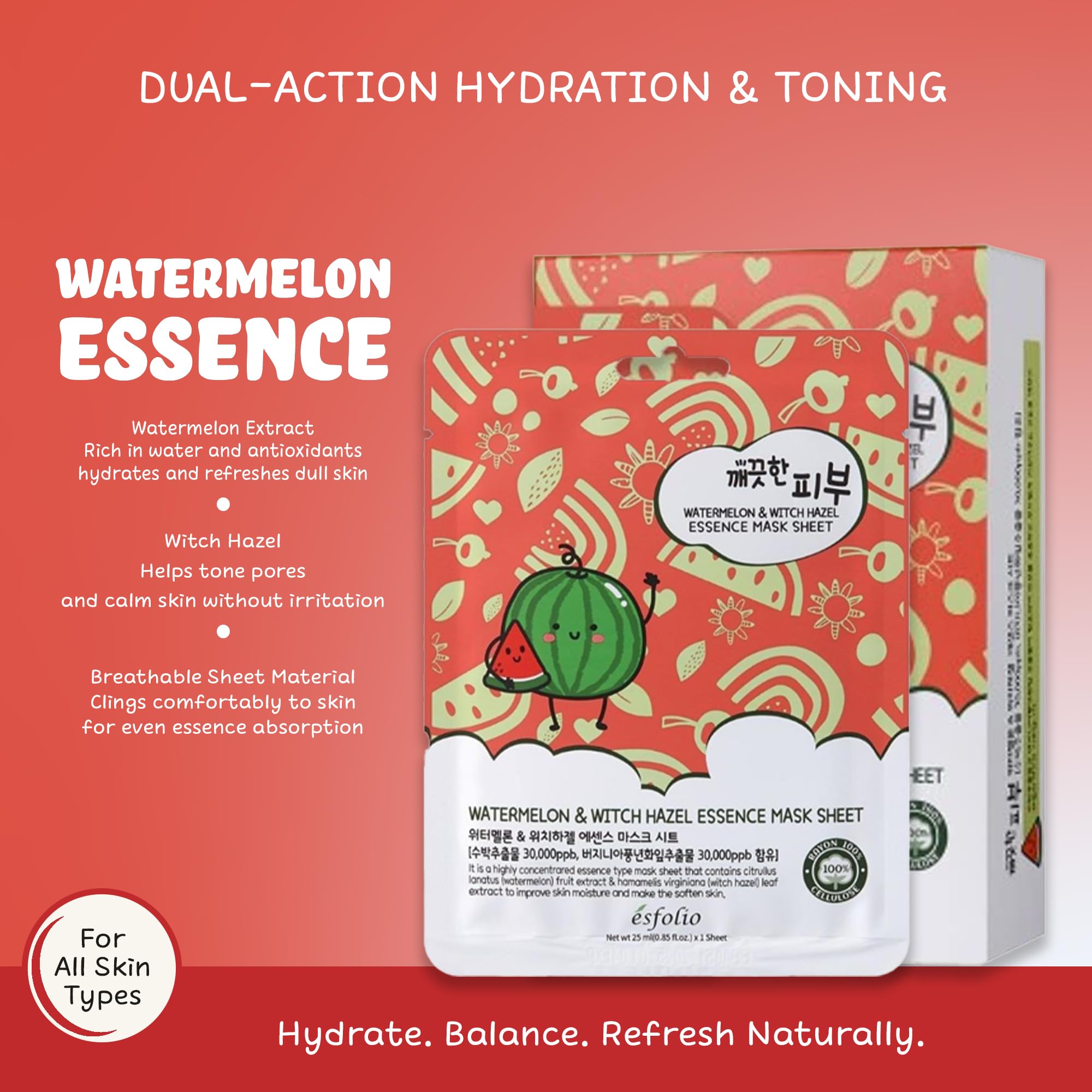 esfolio Pure Skin Watermelon and Witch Hazel Essence Face Mask Sheet - Hydrating & Soothing Skincare Korean Beauty (Pack of 10)