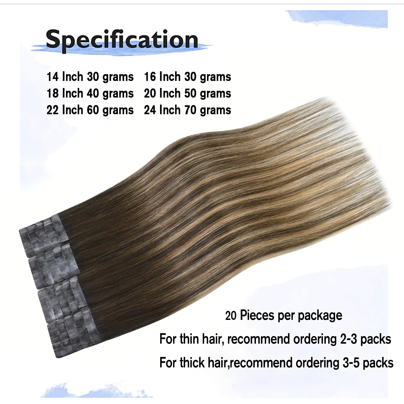 Balayage Tape in Hair Extensions Chocolate Brown To Dark Blonde 100% Remy Human Hair Extensions for Women 20 Pcs/Package(22Inch