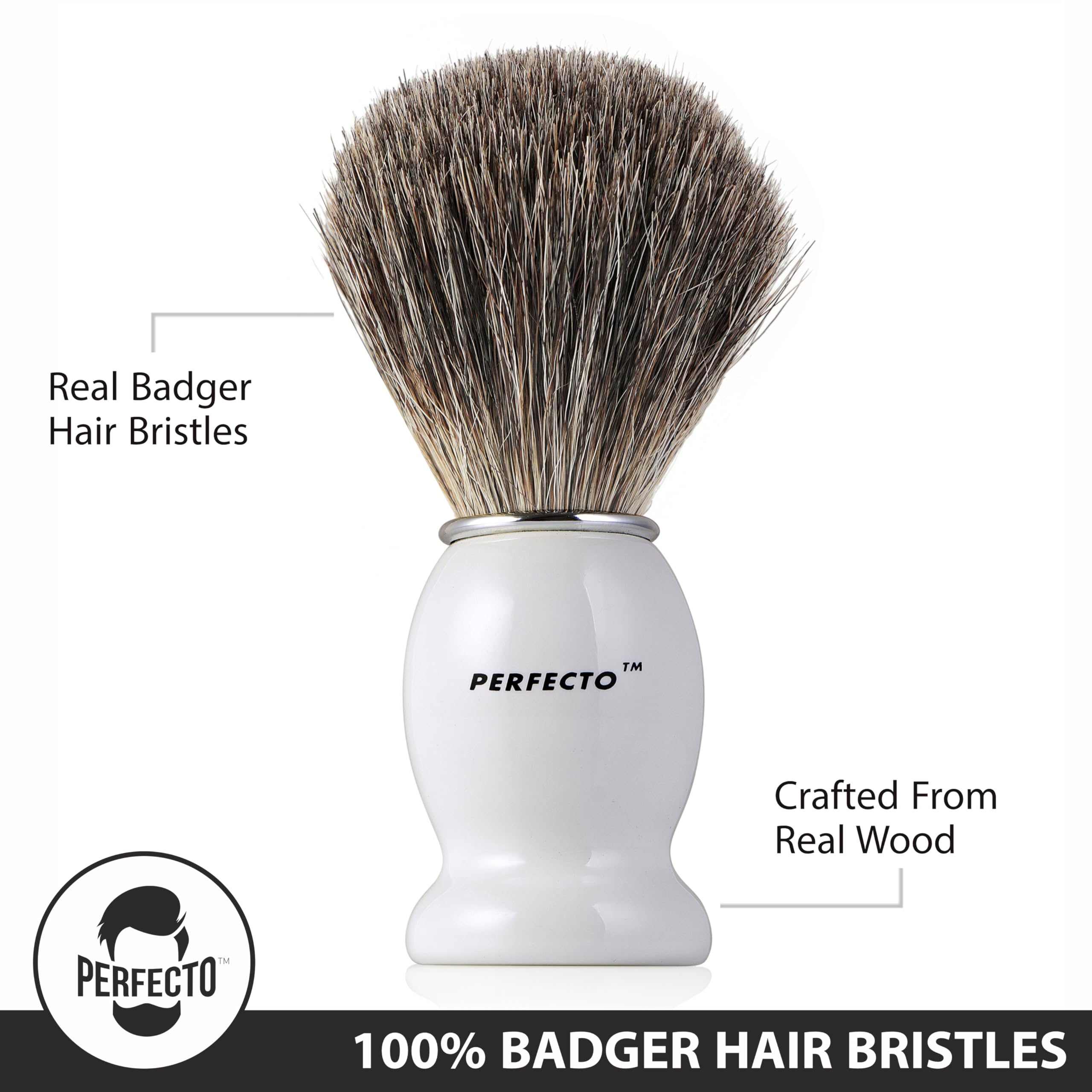 Perfecto 100% Pure Badger Shaving Brush-White Handle, Gift For Dad, Engineered For The Best Shave Of Your Life. For Fathers Day