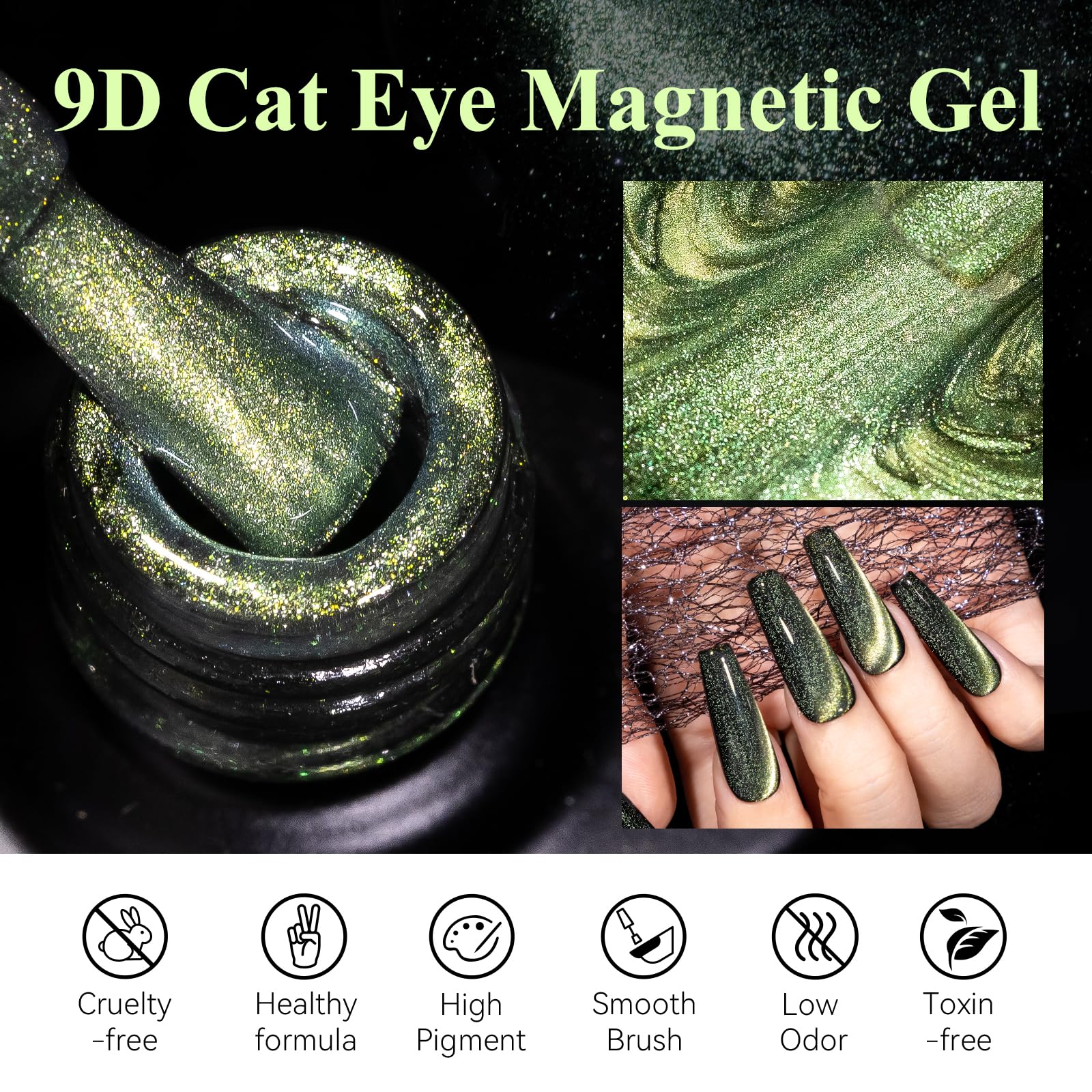 Mizhse 9D Cat Eye Gel Nail Polish, Light Green Magnetic Gel Polish With Magnet Stick, Magic Galaxy Effect Holographic Glitter Si