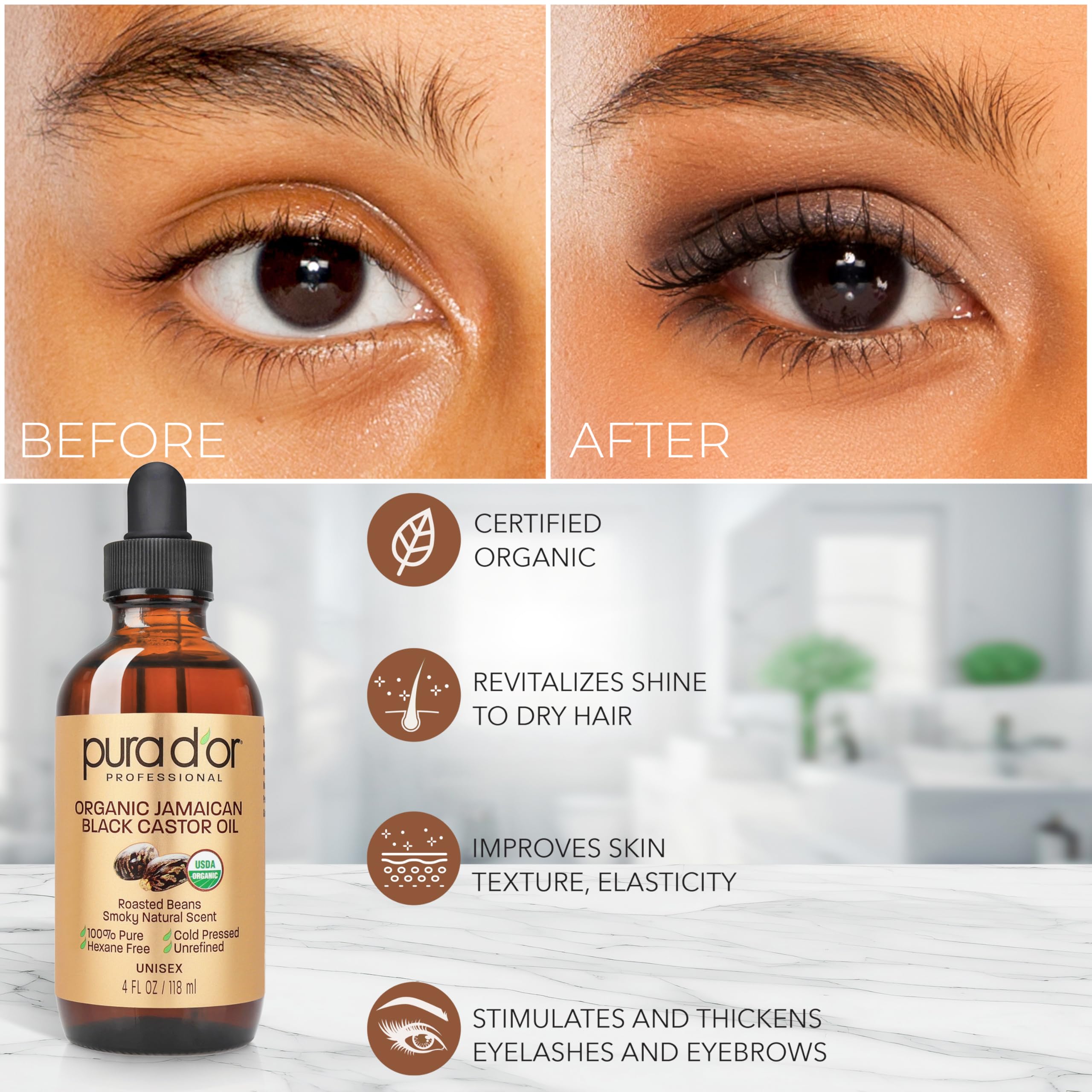PURA D'OR 4 Oz ORGANIC Jamaican Black Castor Oil - Natural Smoky Scent - 100% Pure USDA Certified Cold Pressed, Hexane Free Eyel