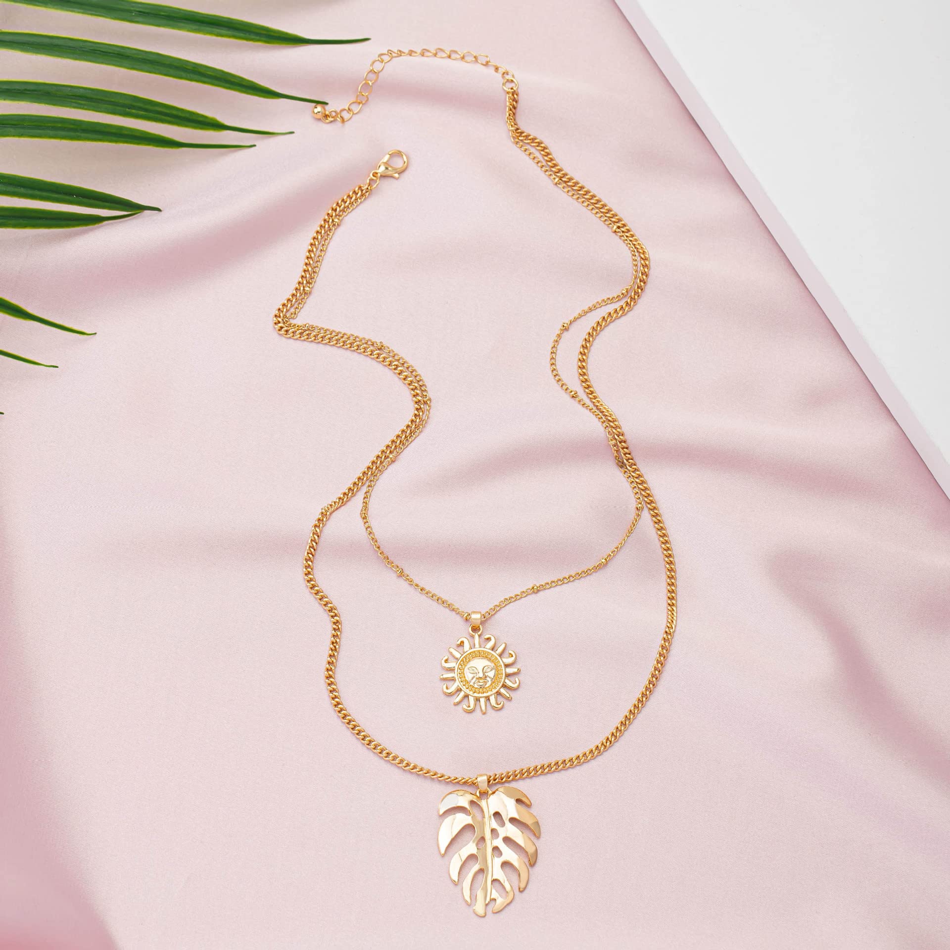 COLORFUL BLING Double Chains Moon and Sun Layered Choker Necklace Sunflower Opal Pendant Necklace Gift for Women-H leaf