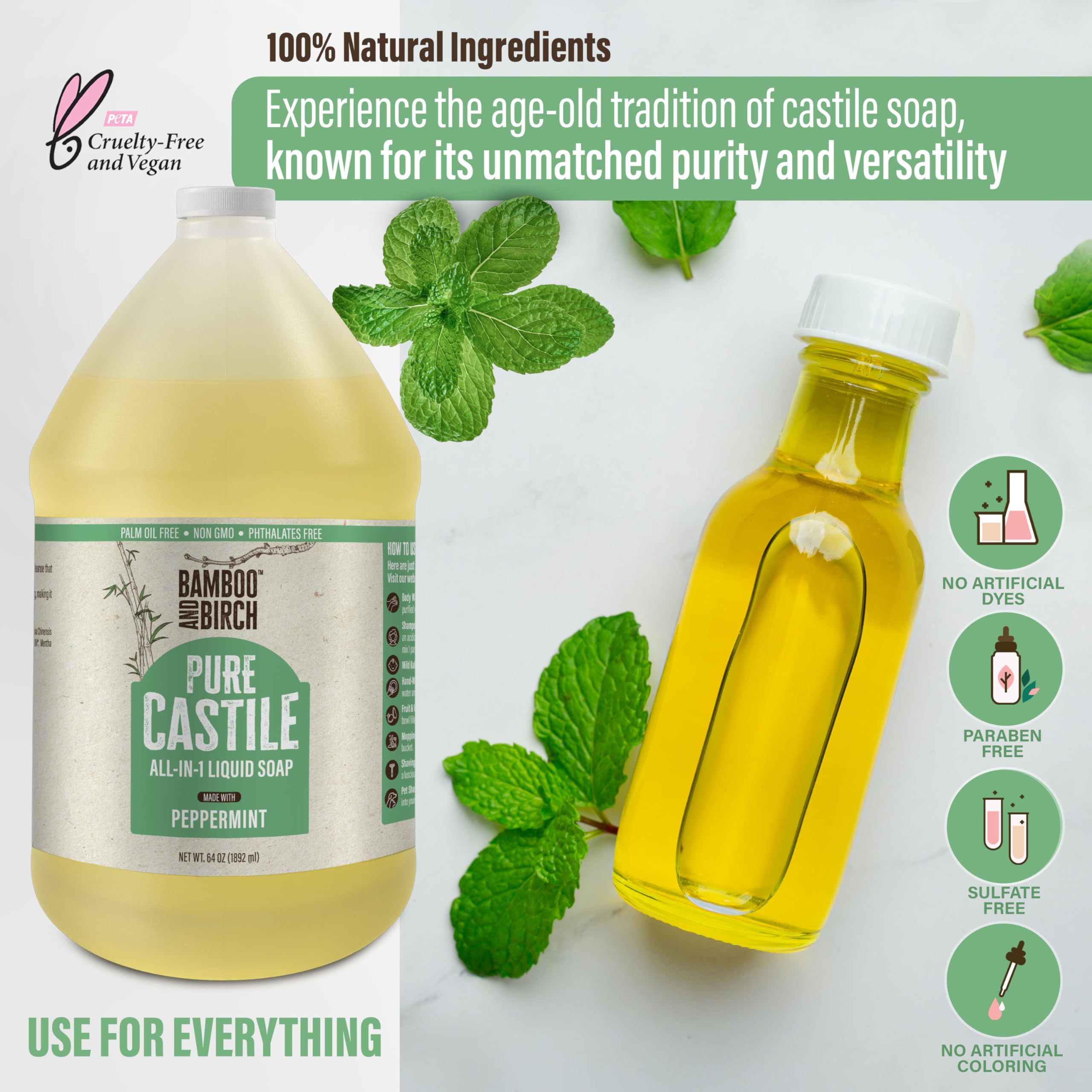 BAMBOO AND BIRCH Pure Castile Soap Liquid, Organic Peppermint, 64 Fl Oz, Certified Palm Oil Free