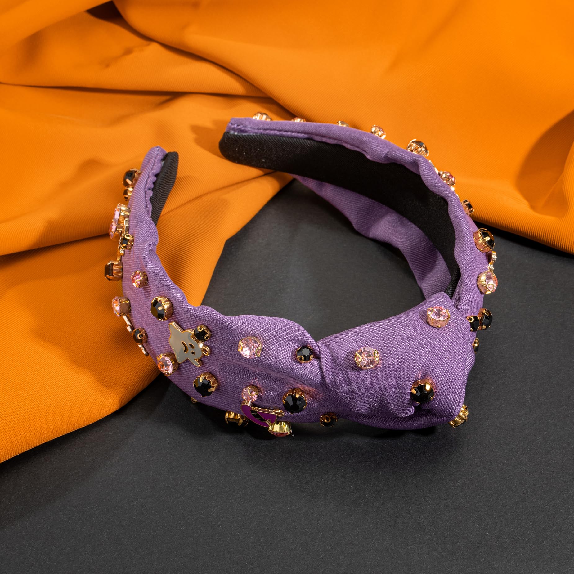 Halloween Rhinestone Knotted Jeweled Headband for Women - Purple Witch Hat Ghost Embellished Mixed Top Hairband - Ladies Twist W
