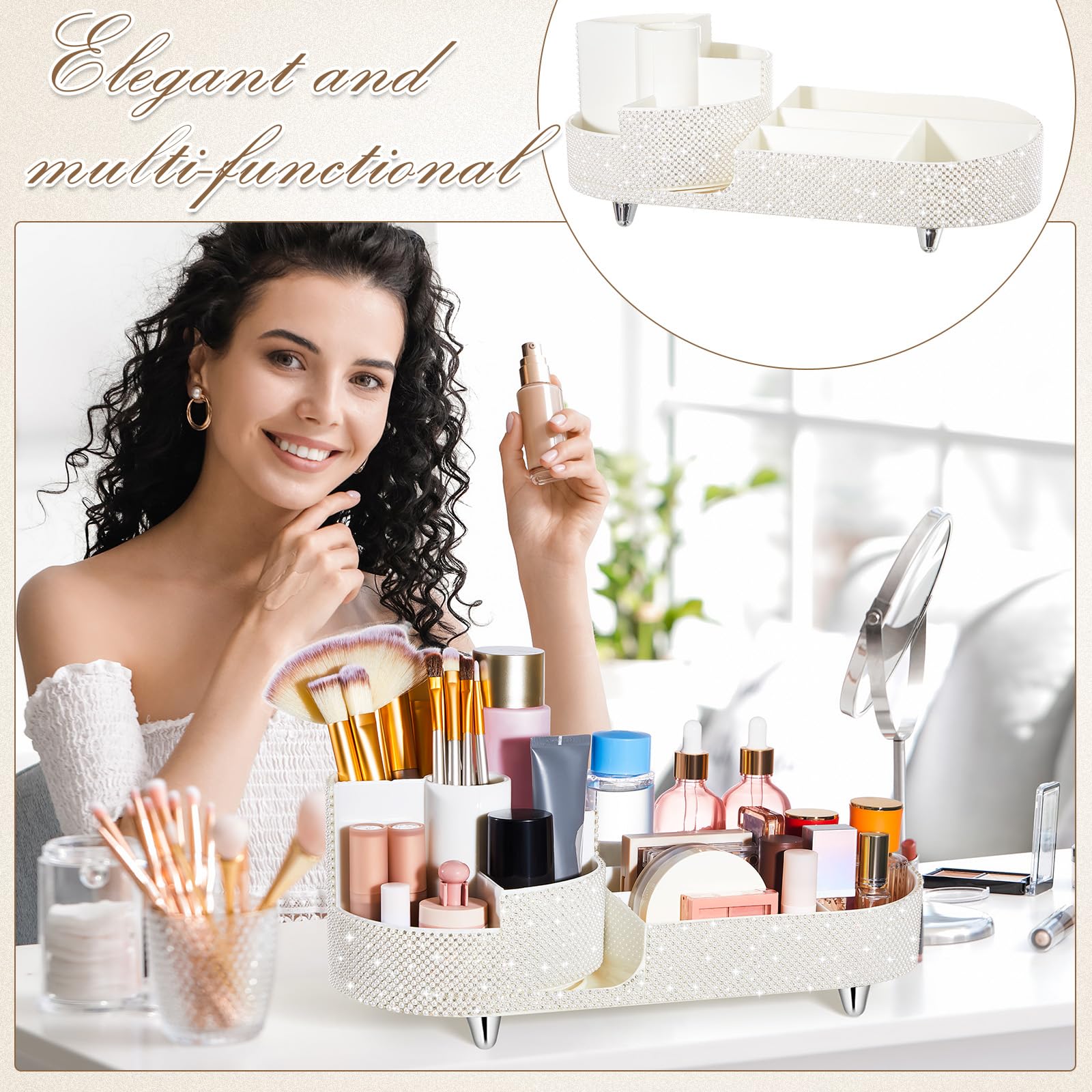 Resholder Teen Girls Women Gift Bling Makeup Organizer Large Girly Bathroom Organizer 360 Rotating Rhinestone Diamond Skin Care