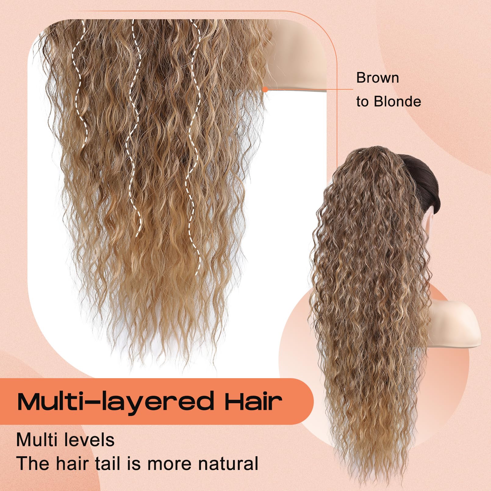 Seikea Ponytail Extension, Pt005 Isabella 26'' Long Bohemian Curly Highlight Drawstring Ponytail Multi Layered Light Fluffy Soft