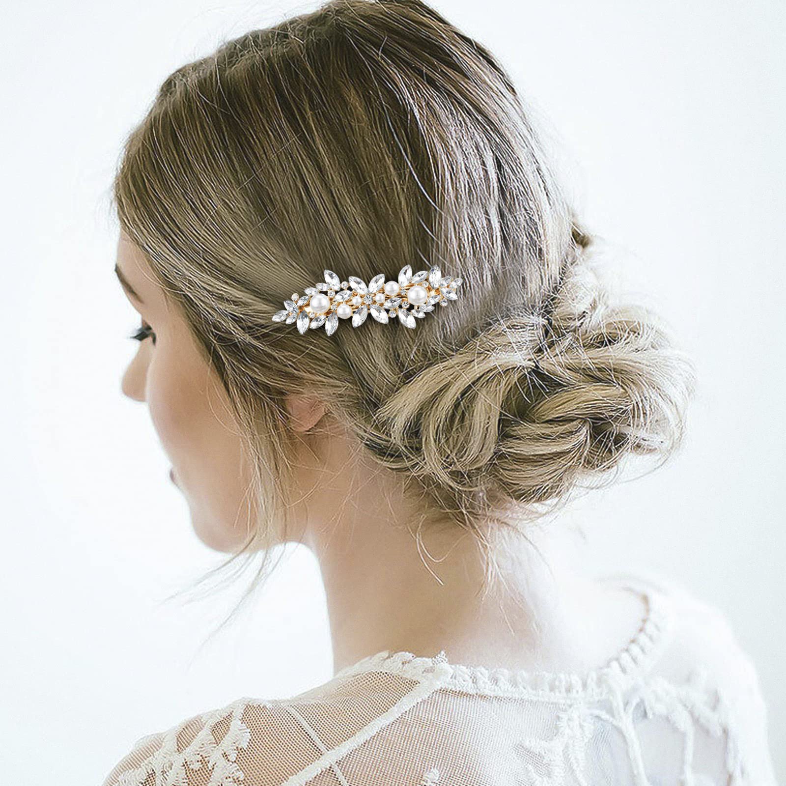 WHAVEL 2PCS Pearl Barrettes for Women, Rhinestone Hair Clips Pearl Hair Barrettes French Barrette Hair Clips Bridal Hair Pins De