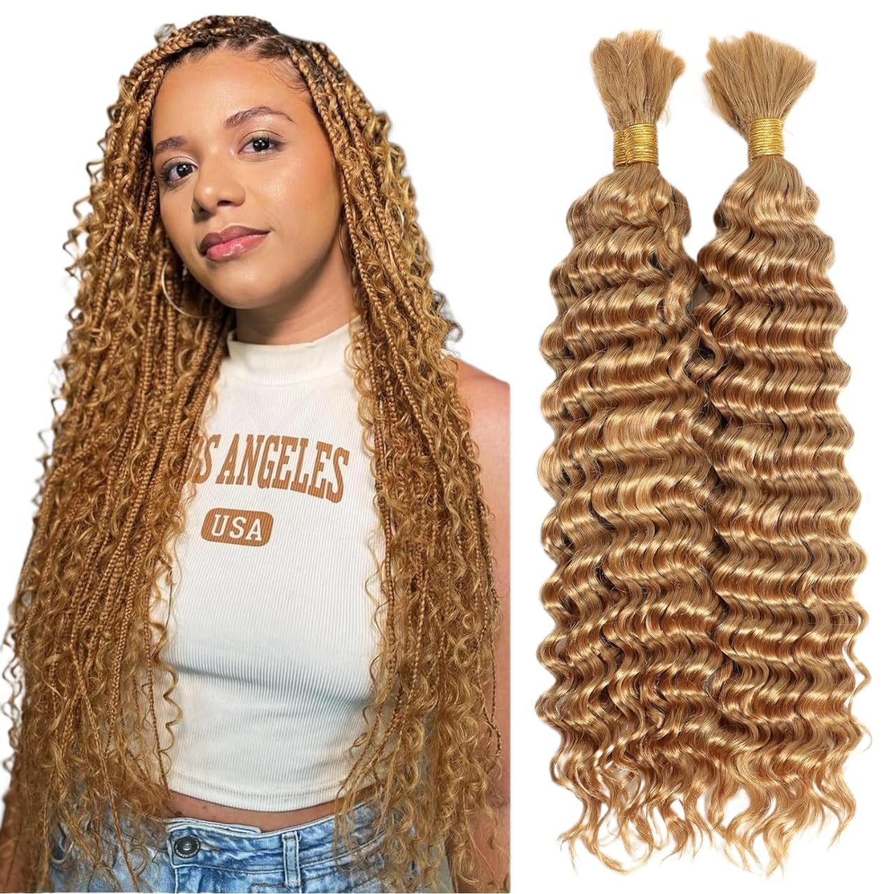 Wahairse Human Braiding Hair Deep Wave Bulk Human Hair Braiding 100g/Pack 20 Inch Color 27# 10A Brazilian Virgin Human Hair No W