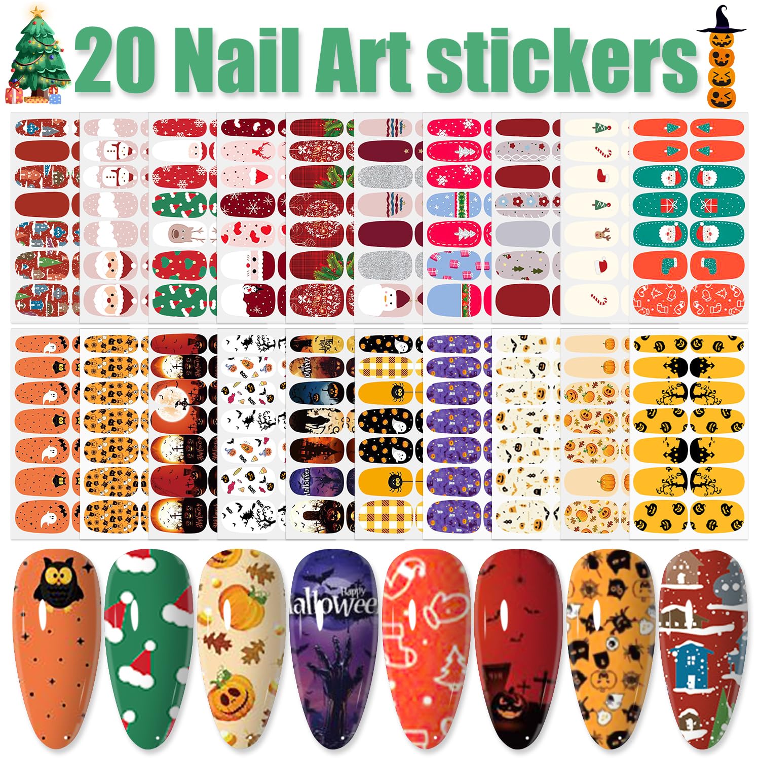 Wokoto 20 Sheets Mixed Halloween Christmas Nail Polish Strips Full Nail Wraps Stickers For Women Nail Art Pumpkin Bat Ghost Witc