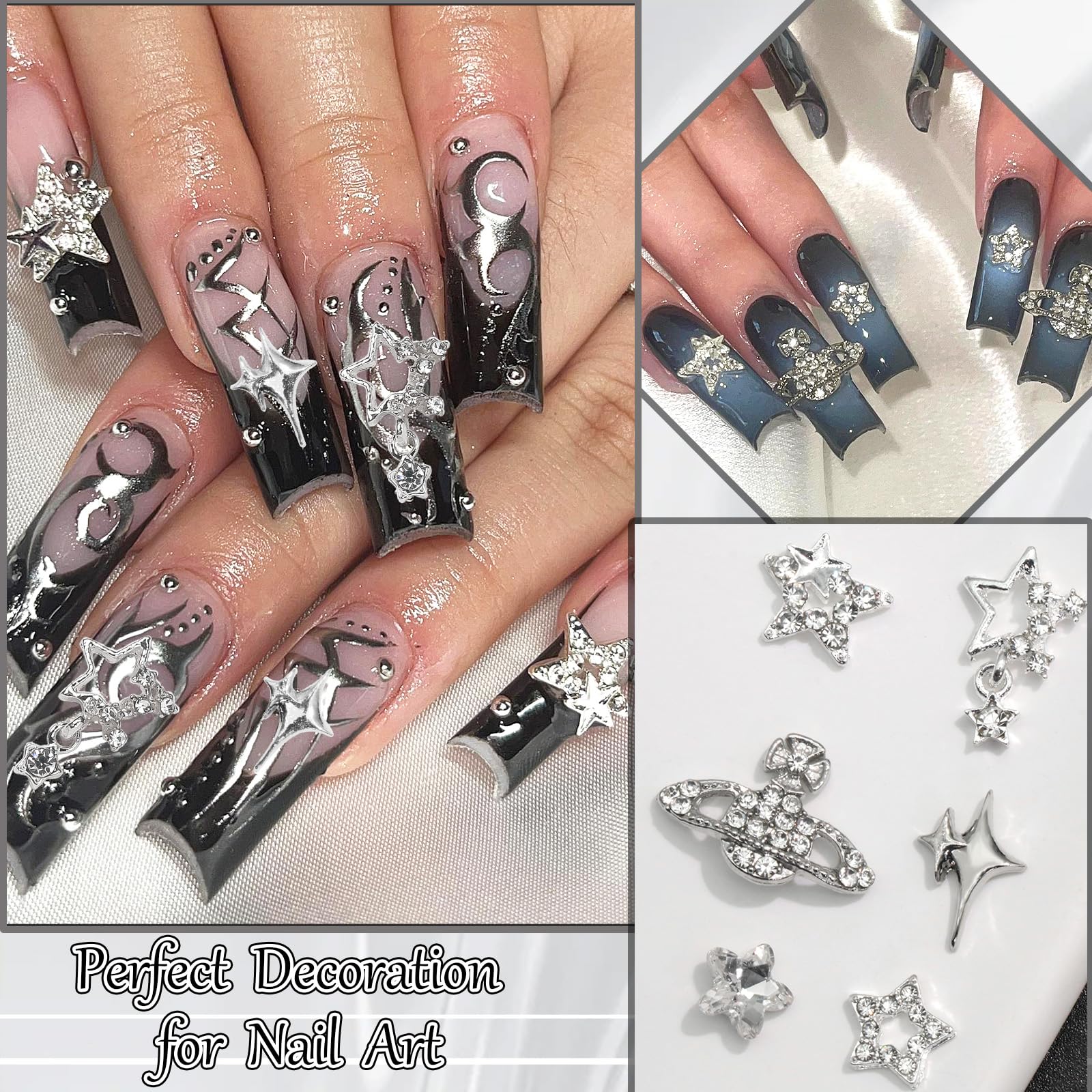 Rodaky 30Pcs Star Nail Charms Silver 3D Planet Nail Art Charms Rhinestone Shiny Starlight Nail Jewelry Gems Y2K Charms For Acryl
