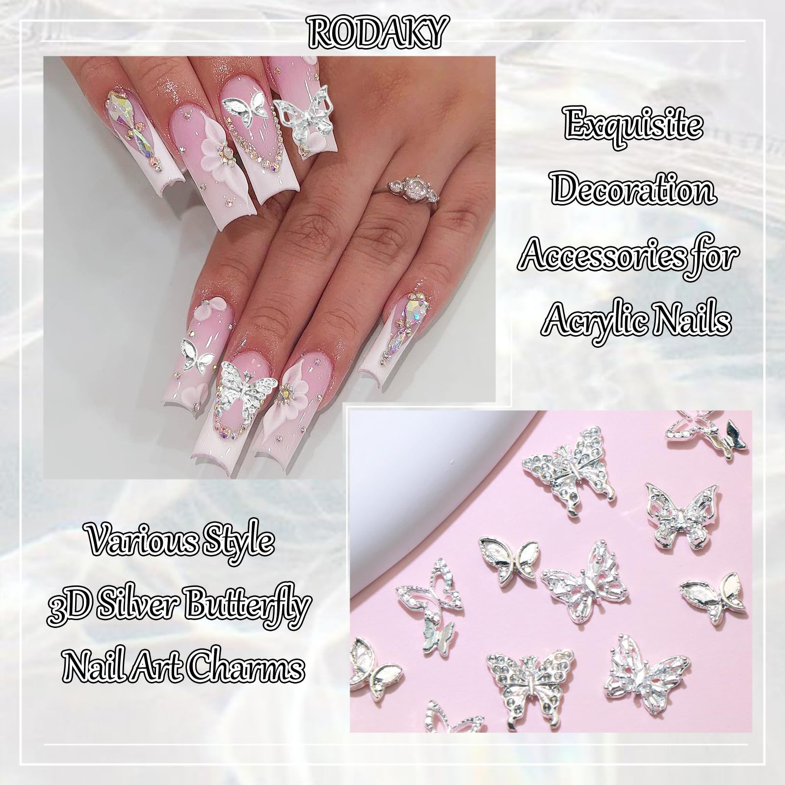 Rodaky 50Pcs Silver Butterfly Nail Charms 3D Butterflies Charms For Nails Metal Butterfly Nail Jewelry Shiny Nail Gems For Manic