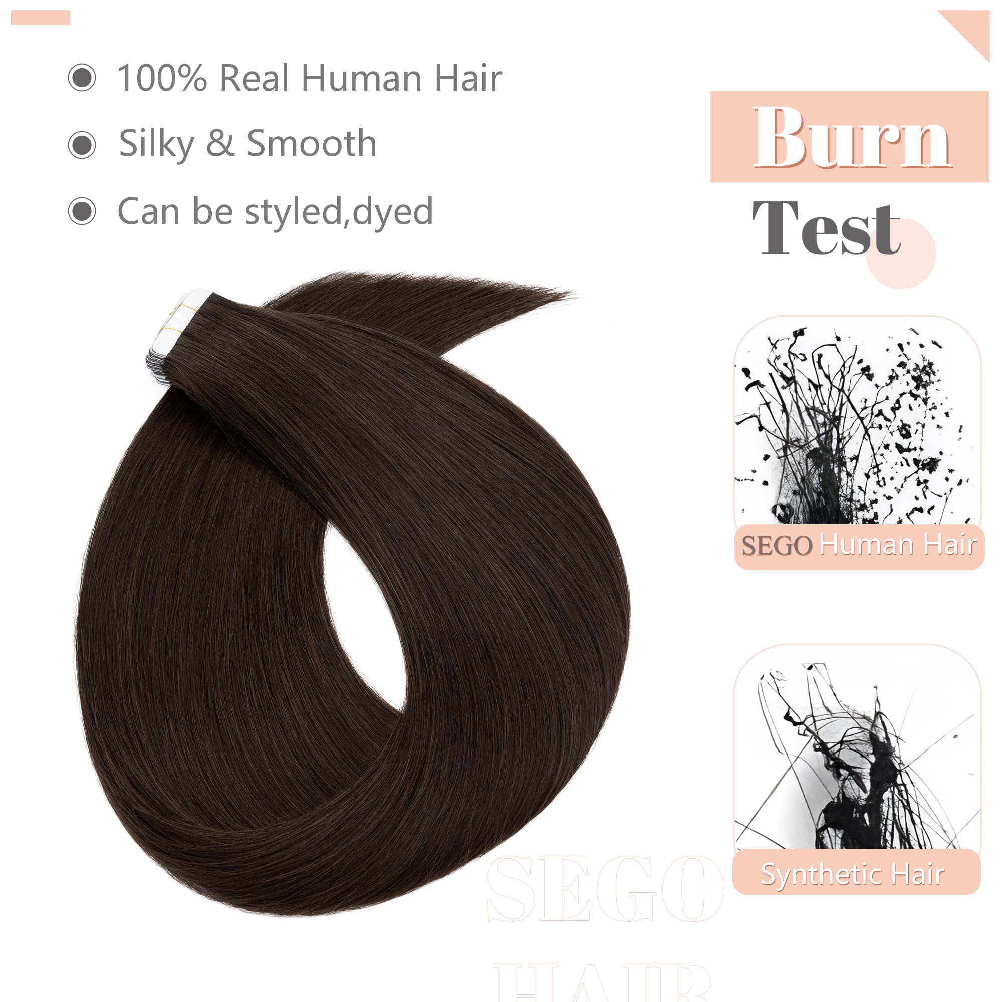 Sego Tape In Hair Extensions Human Hair 20 Inch Natural Black 40Pcs 100G Straight Natural 100% Remy Rooted Seamless Skin Weft In
