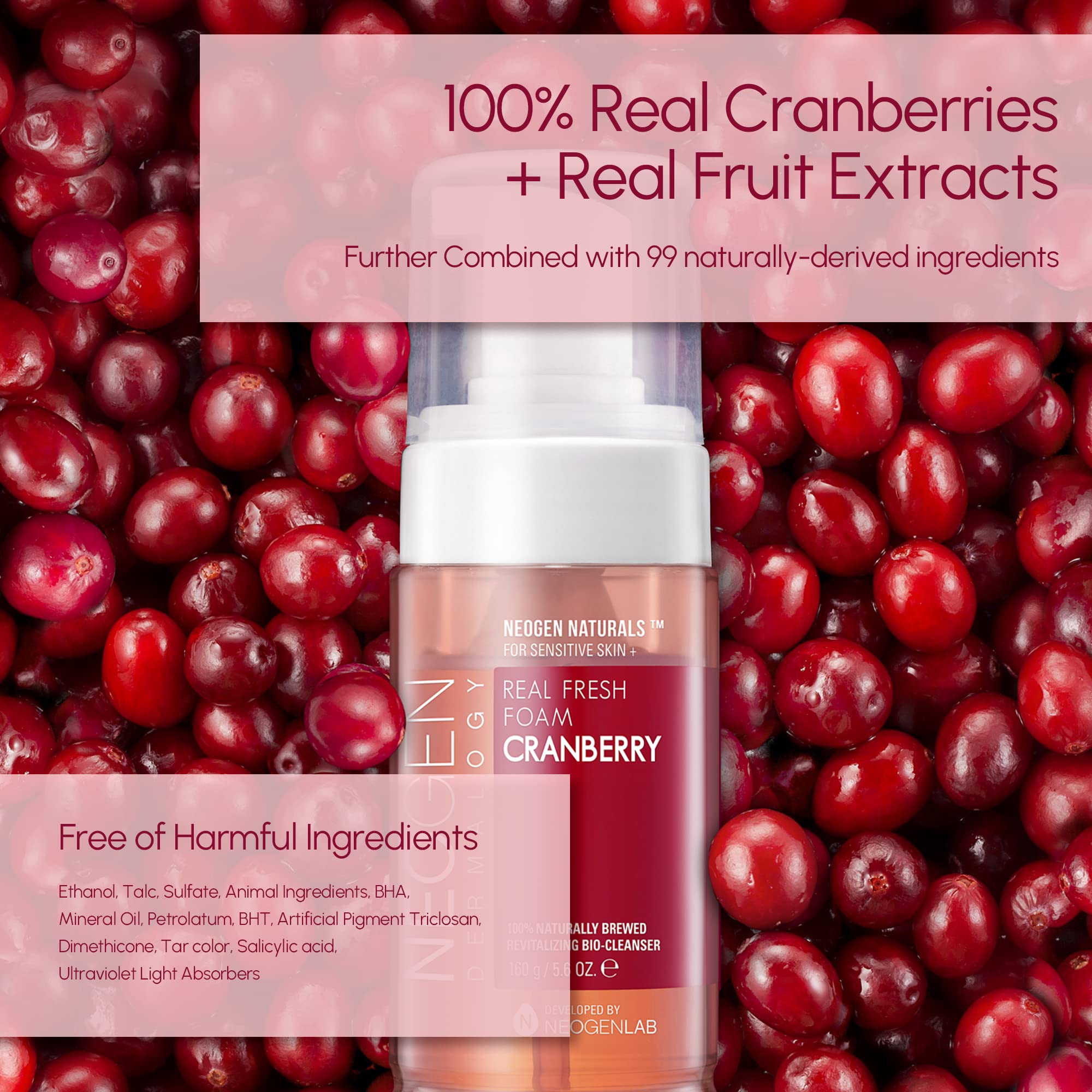 Dermalogy By Neogenlab Real Fresh Foam Cleanser, Cranberry 5.6 Fl Oz (160G) - Revitalizing & Hydrating Gentle Cleansing Foam Wit