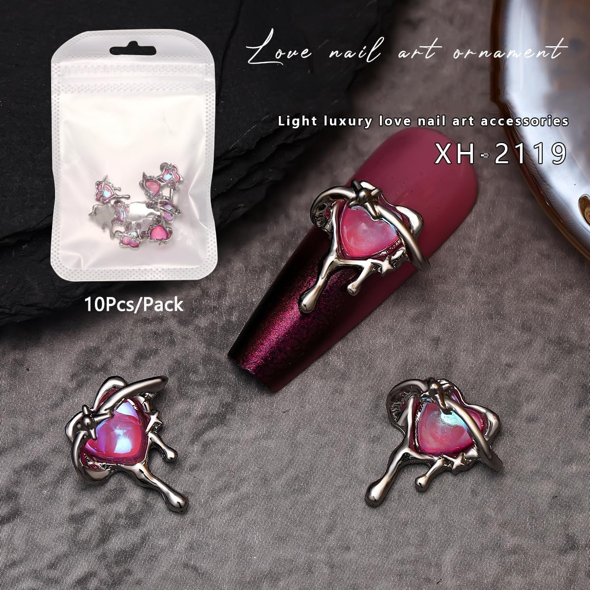 Valentine'S Day Nail Charms 3D Alloy Heart Nail Art Jewelry Charms 10Pcs Pink Love Heart Designs Nail Rhinestones Gems Hearts Cr