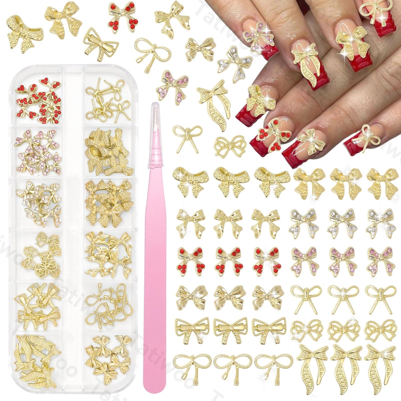 60 Pcs Gold Bow Nail Charms, Mixed 3D Bow Nail Charms and Gems with Pink Red Rhinestones, Bowknot Charms for Acrylic Nails DIY C