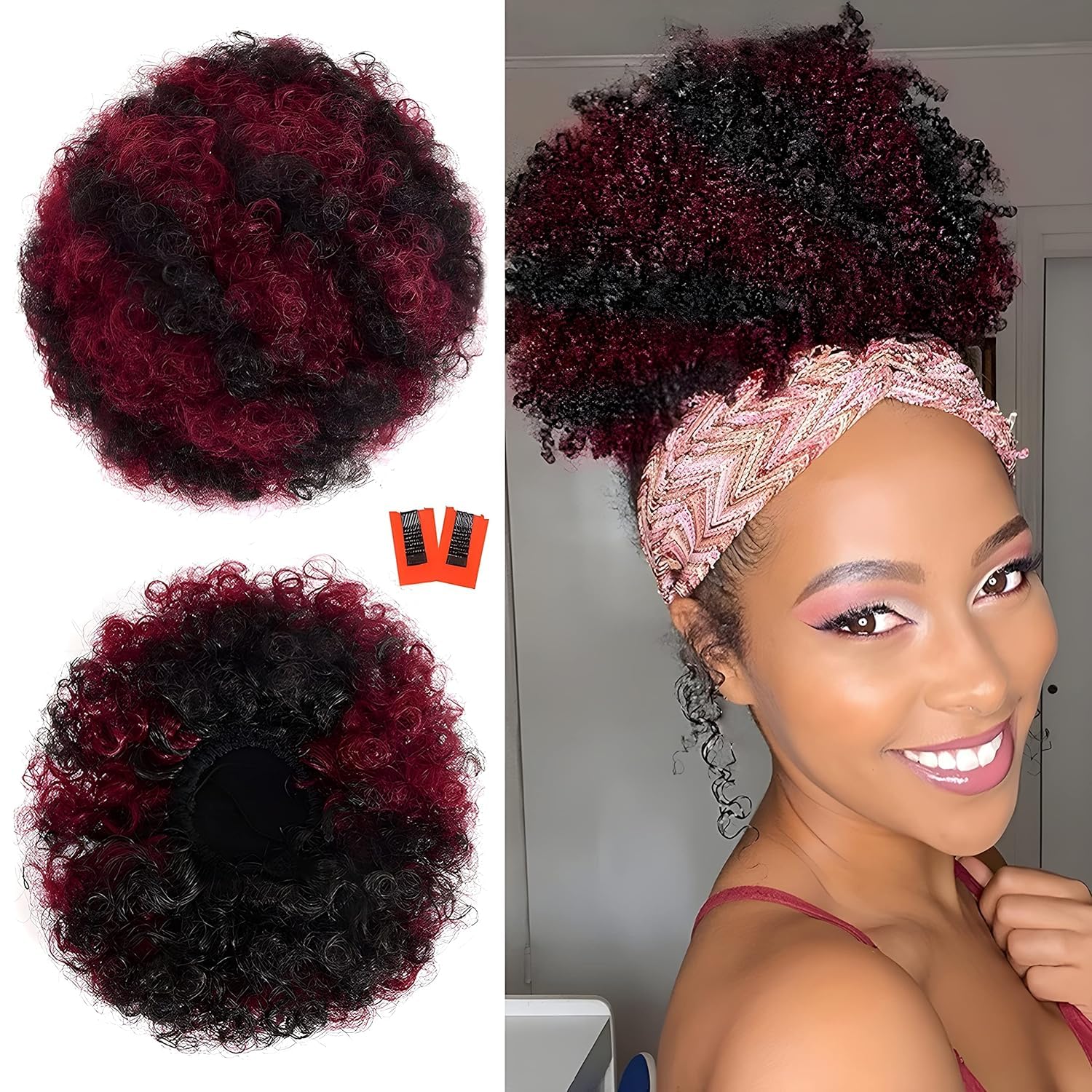 rosmile Afro Puff Drawstring Ponytail Extension for Black Women, Premium Black to Burgundy 80 Gram Short Synthetic Afro Puff Pon