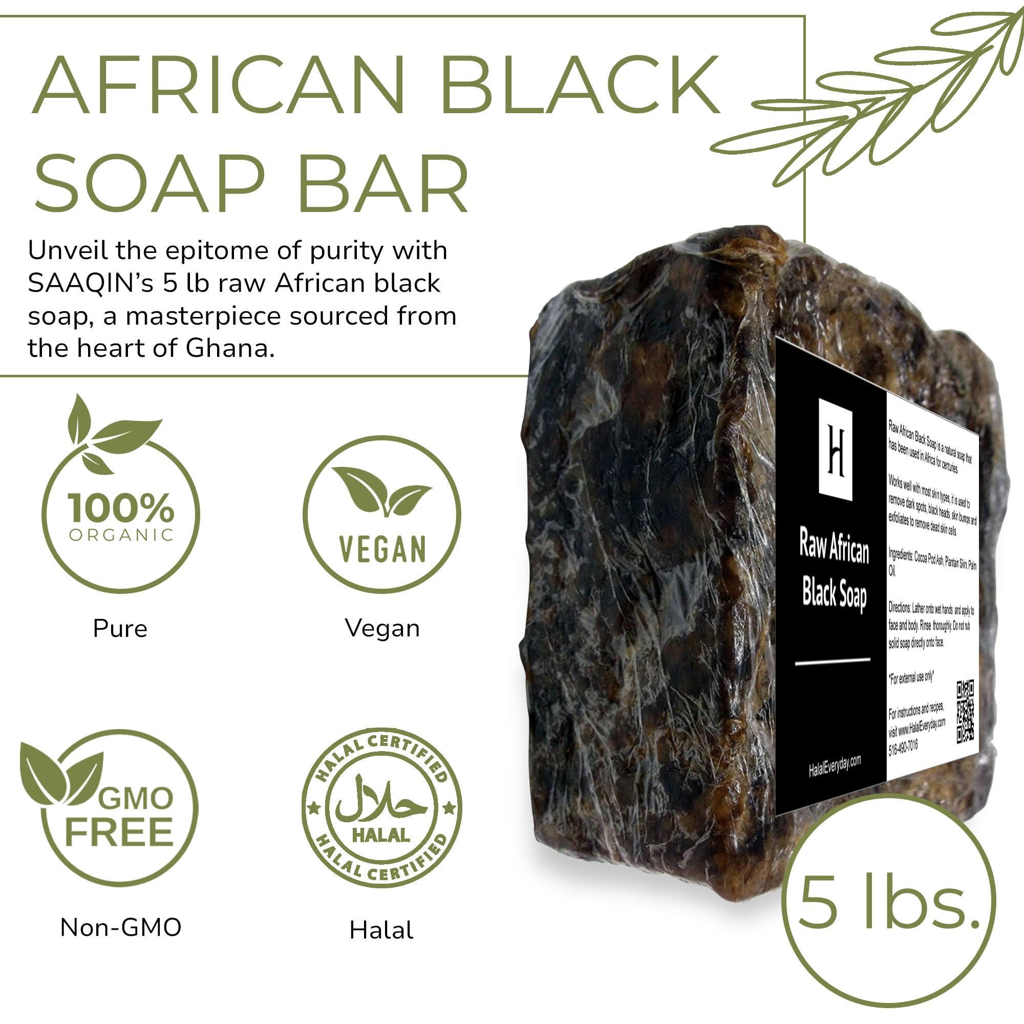 SAAQIN - Raw African Black Soap for All Skin Types, Black Soap Ideal for Acne, Wrinkles, Make-Up Removal, Hair & Body, Natural G