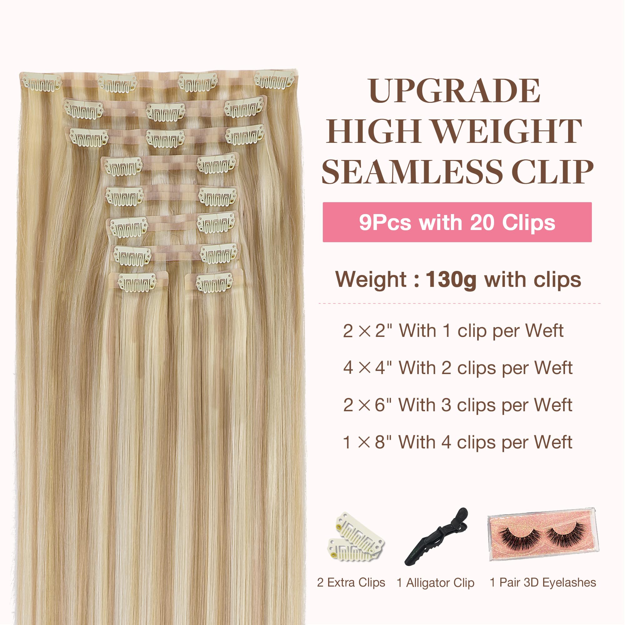 Goo Goo Clip In Hair Extensions Real Human Hair, 14Inch 130G 9Pcs, 18A/613A Dark Blonde Highlighted Bleach Blonde, Remy Human Ha