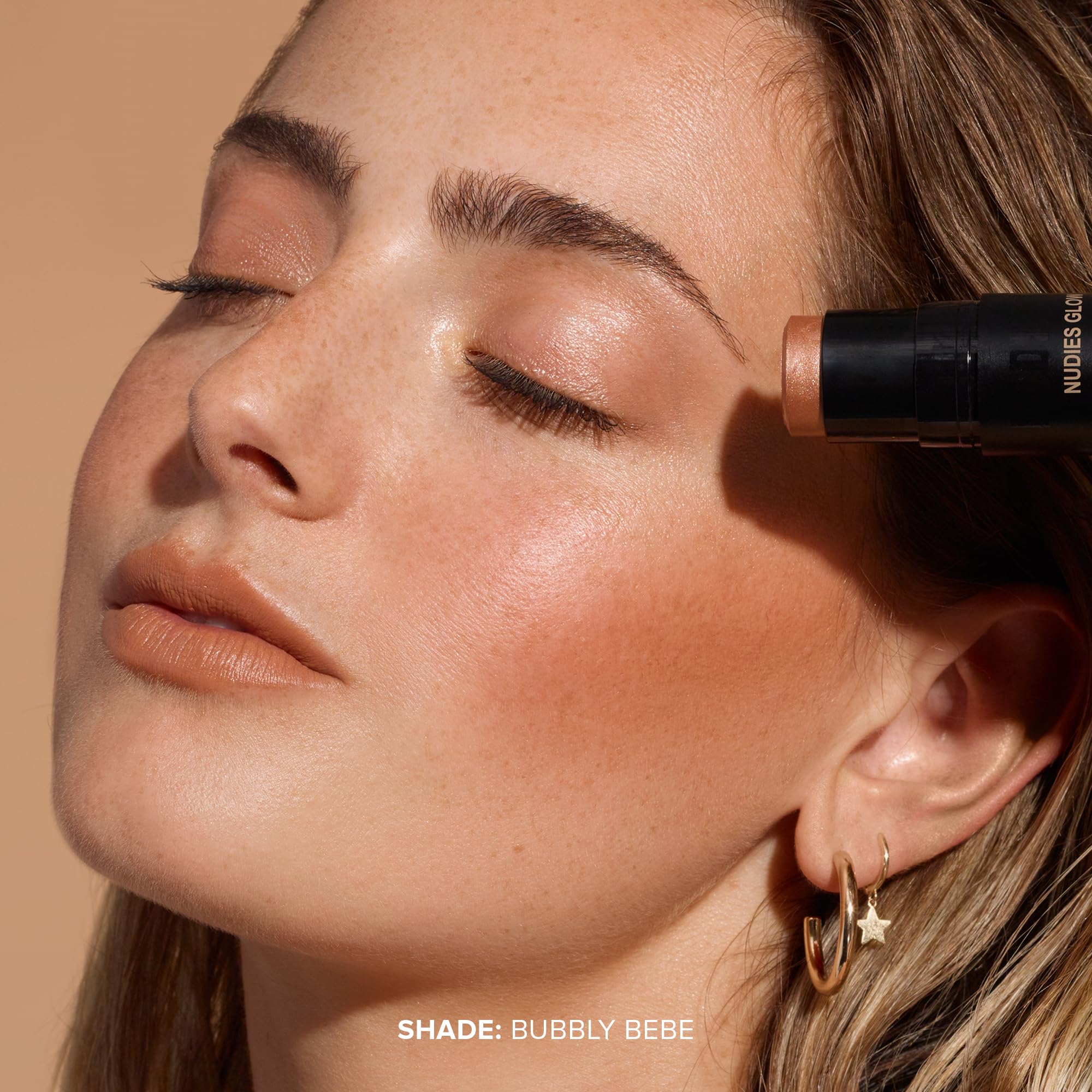 Nudestix Nudies Glow Highlighter Stick W/Blending Brush, Dewy Cream Makeup For Cheeks, Eyes, Lips, Soft Metallic Glowy Face Colo