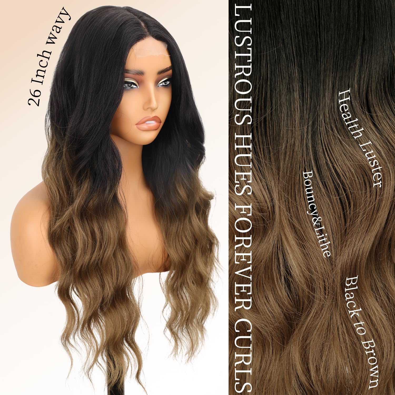 Aisi Hair Brown Wig For Women, Long Wavy Black To Brown Lace Hairline Wig, 26 Inch Middle Part Synthetic Heat Resistant Wig For