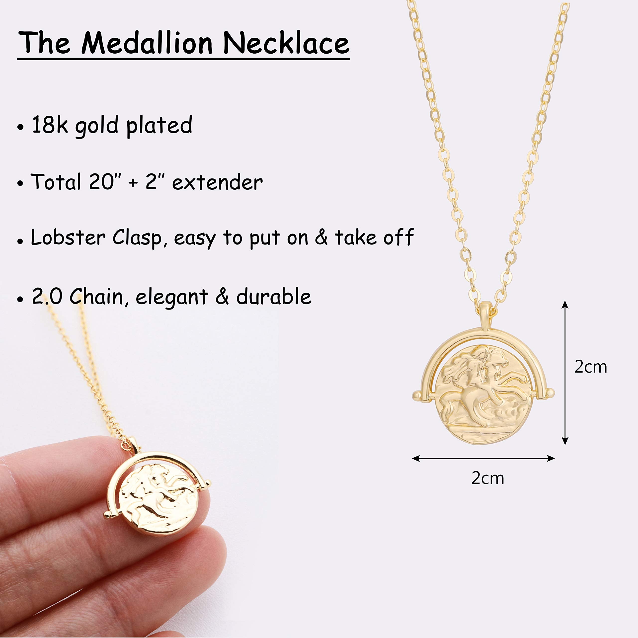 Aobei Pearl 18k Gold Plated Medallion Necklace Coin Pendant Round Circle Disk Minimalist Jewelry for Women 20