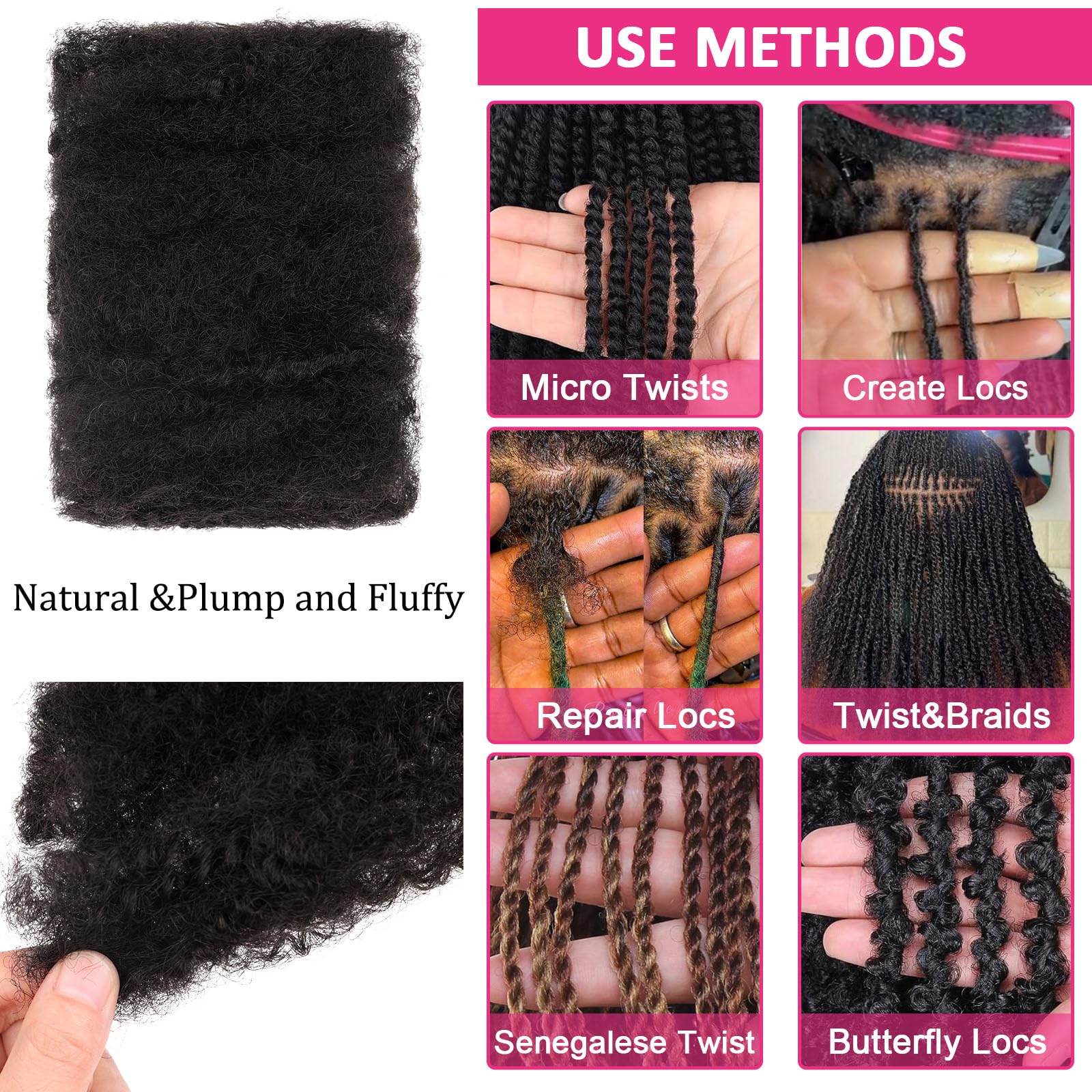 Unionbeauty 16 Inch 3 Packs Afro Kinkys Bulk Hair For Micro Twist Natural Black Synthetic Afro Kinky Curly Braiding Hair For Loc