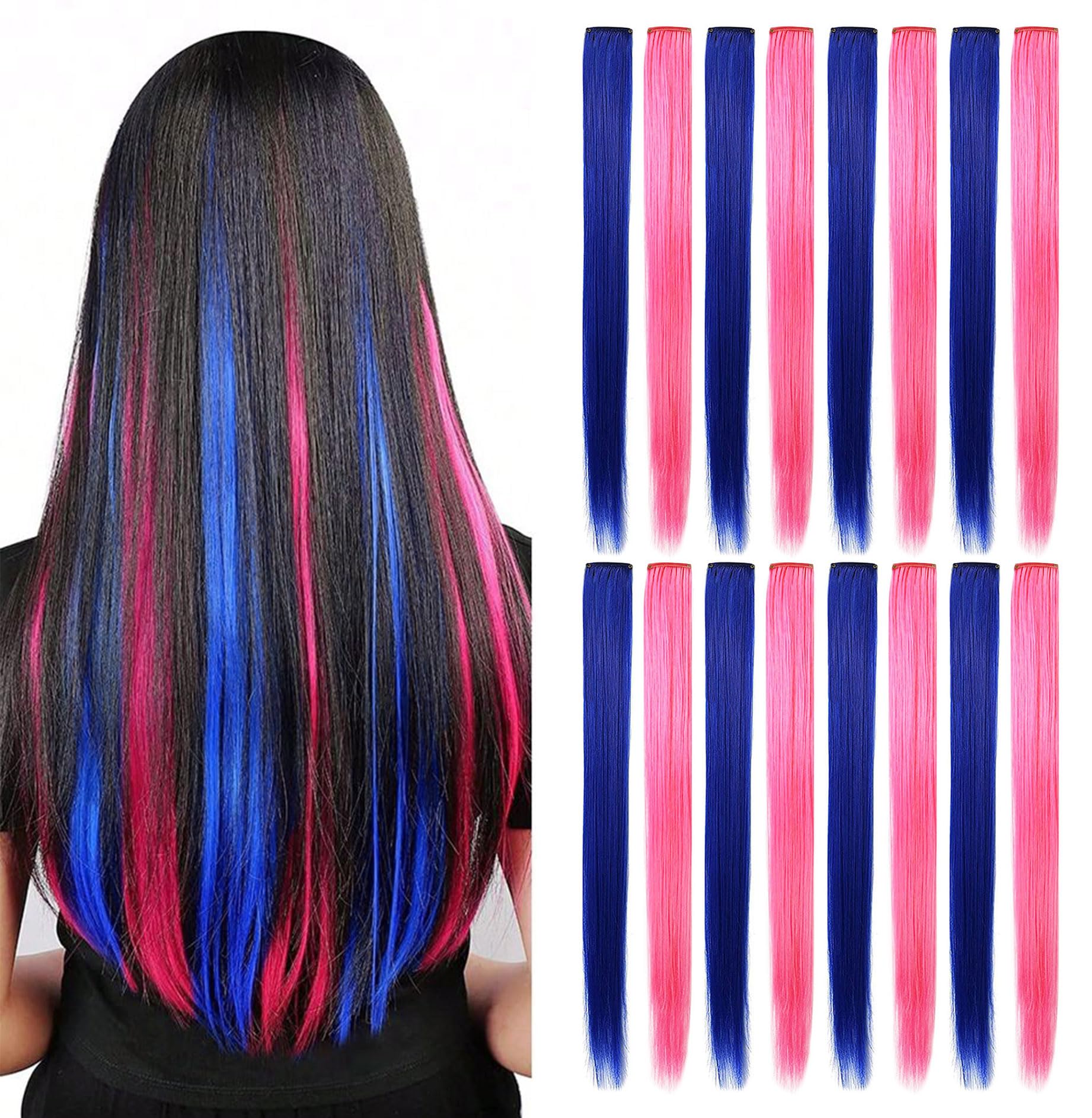 SARARHY 16 Pcs Blue and Pink Hair Extensions Colored Hair Extensions Clip in Straight Synthetic Holiday Party Highlights 21 inch