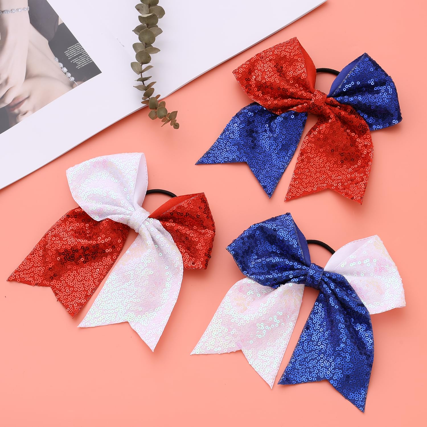 16 PCS Large Glitter Blue White Cheer Hair Bows, Shiny Cheerleading Bows Ponytail Holder for Cheerleader Girls Softball Sports a