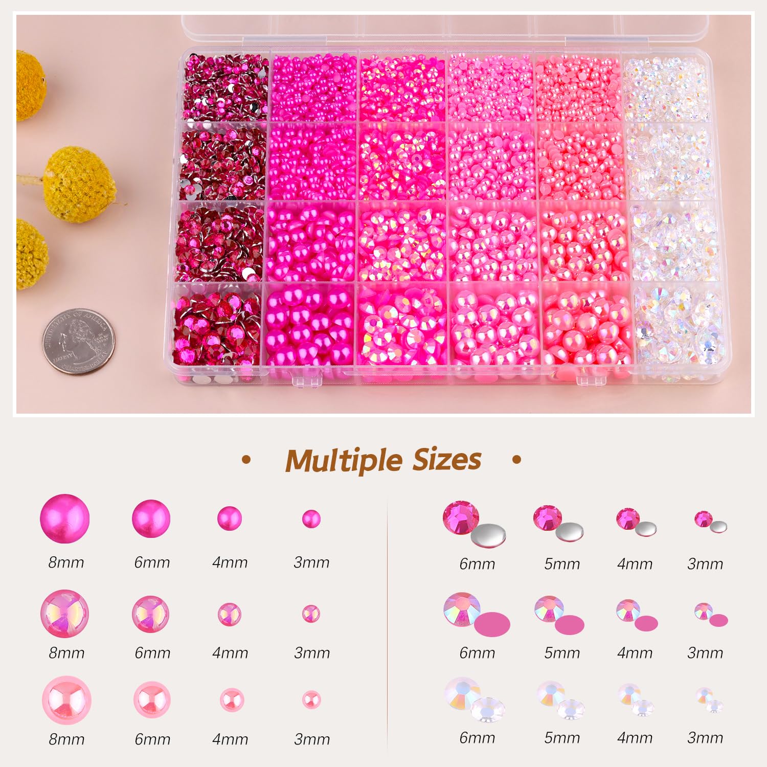 9000Pcs Flatback Pearls And Rhinestones For Crafting, Dark Pink Mixed Size 3-10Mm Resin Rhinestones And Half Pearls For Bedazzli