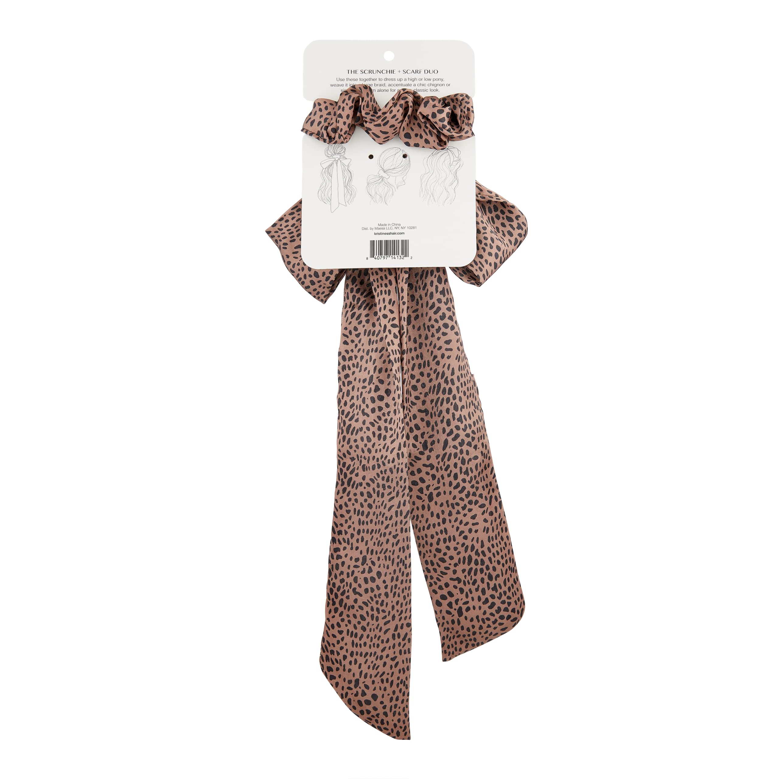 Kristin Ess Hair Scrunchie + Scarf Set Cheetah, 1 Count, Hair Accessory for Women and Girls, Satin Hair Scrunchie, Ponytail Hold