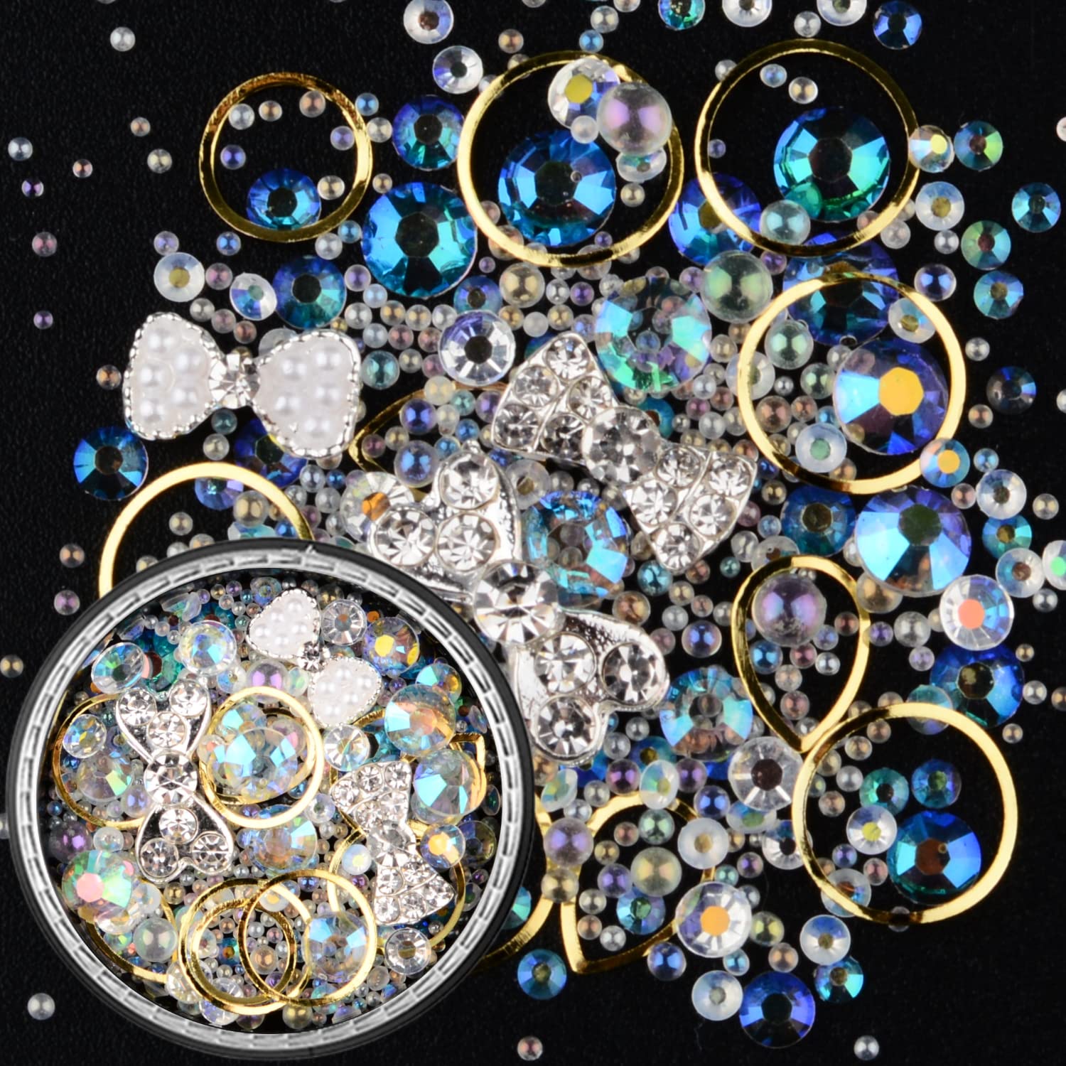 Edittime 6 Wheels Mixed Sparkle Nail Art Rhinestones Diamonds Crystals Butterfly Beads Artificial Pearls Gold Silver Nail Studs