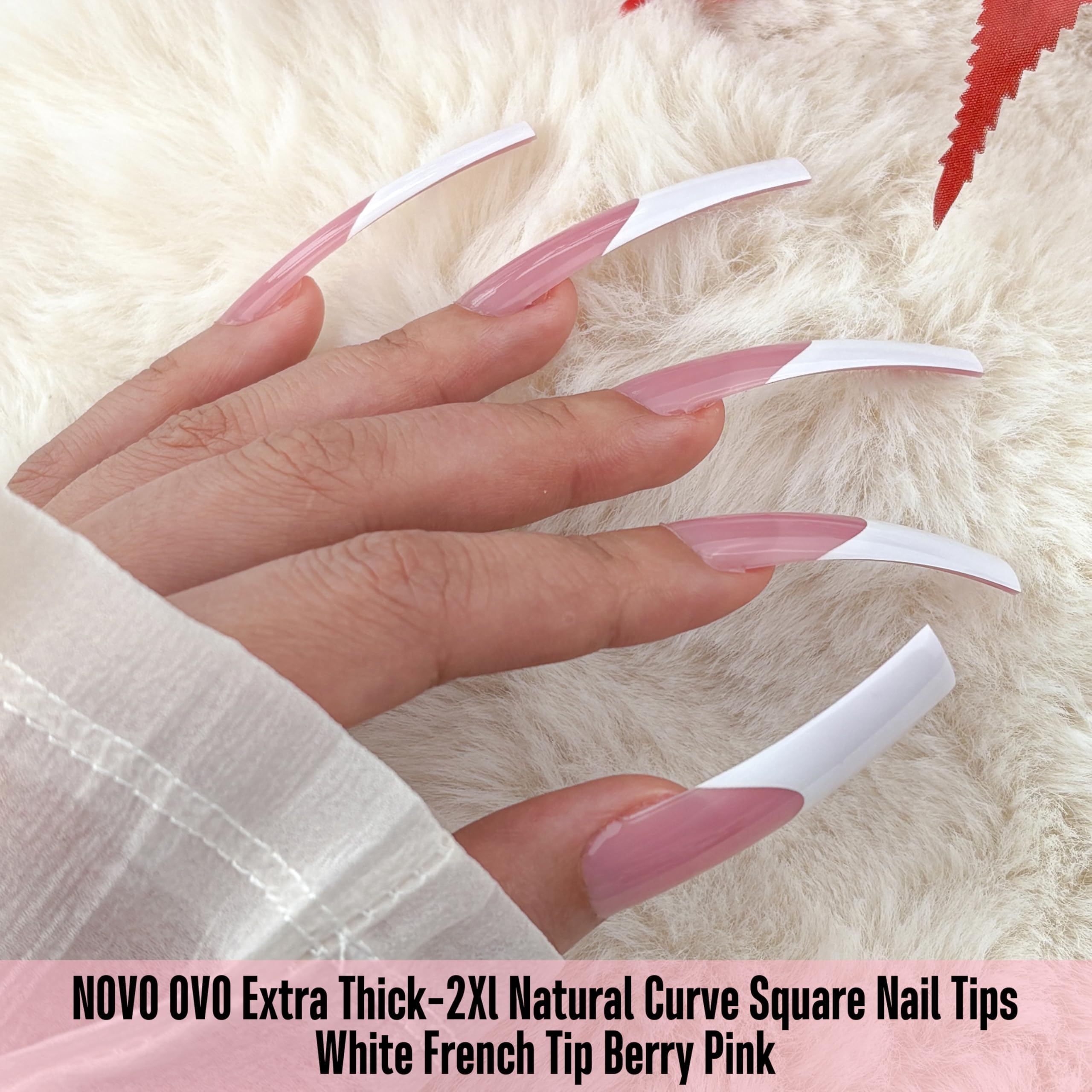 NOVO OVO Halloween XXL Sharp Square Slight Curved Nail Tips French Tip BERRY PINK, Full Cover Press on Acrylic, Extra Thick Soft