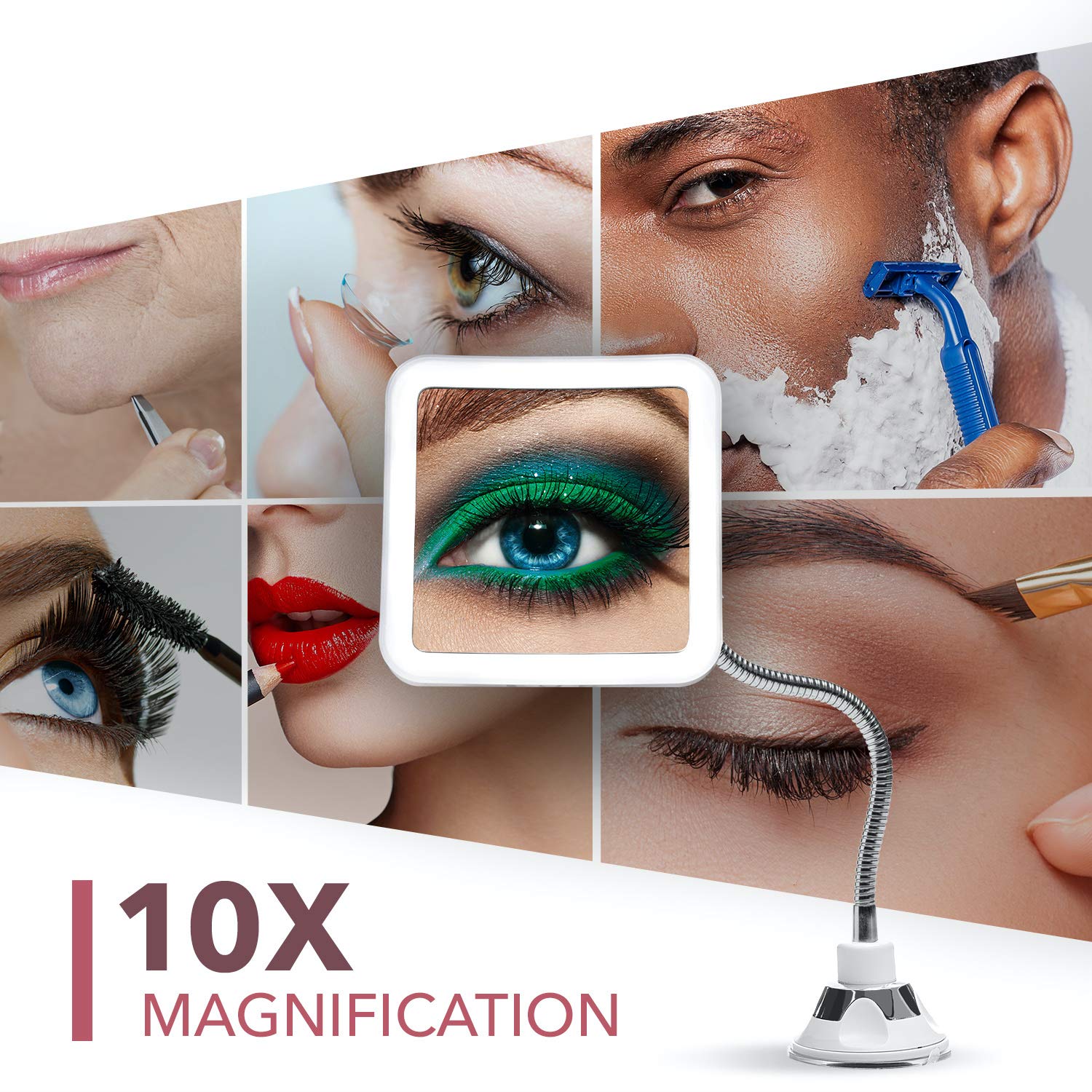 Fancii Flexible Magnifying Mirror 10X with LED Light and Gooseneck, Lighted Travel Makeup Mirror, Lock Suction, Natural Daylight